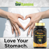 TNVitamins Magnesium Oxide 420 mg Capsules on a wooden table