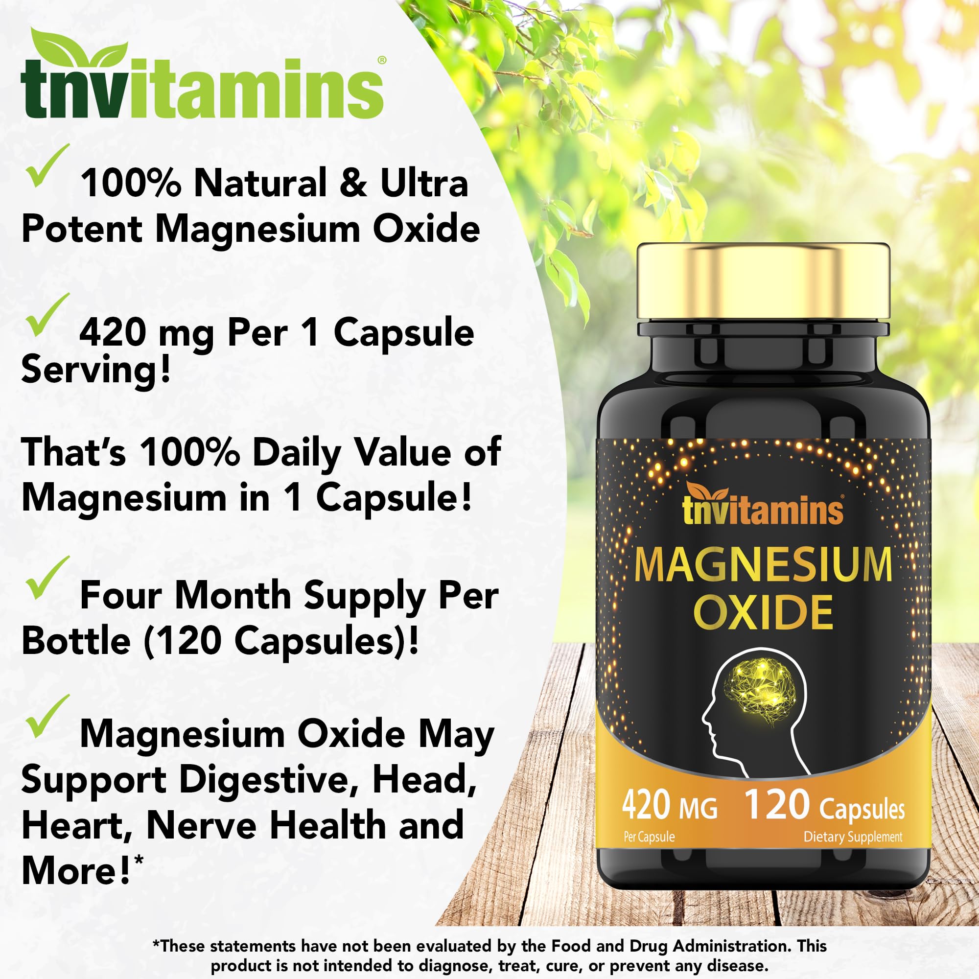 TNVitamins Magnesium Oxide 420 mg Capsules showing capsule size