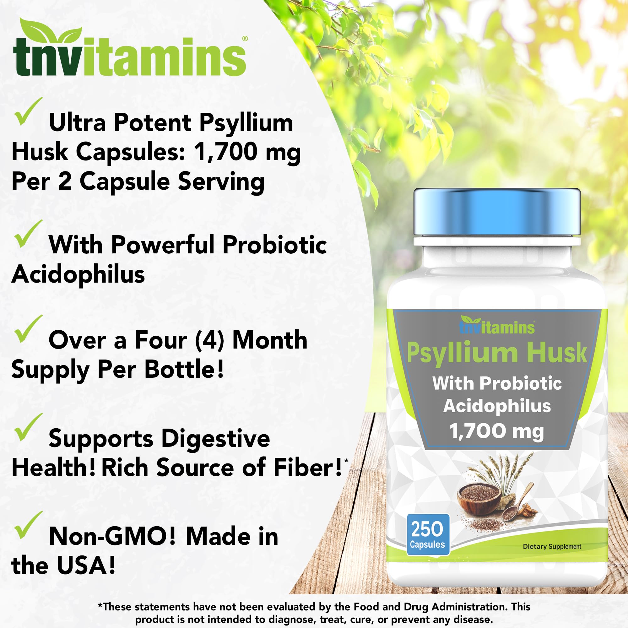 tnvitamins Psyllium Husk Fiber Capsules 1700 MG bottle with label