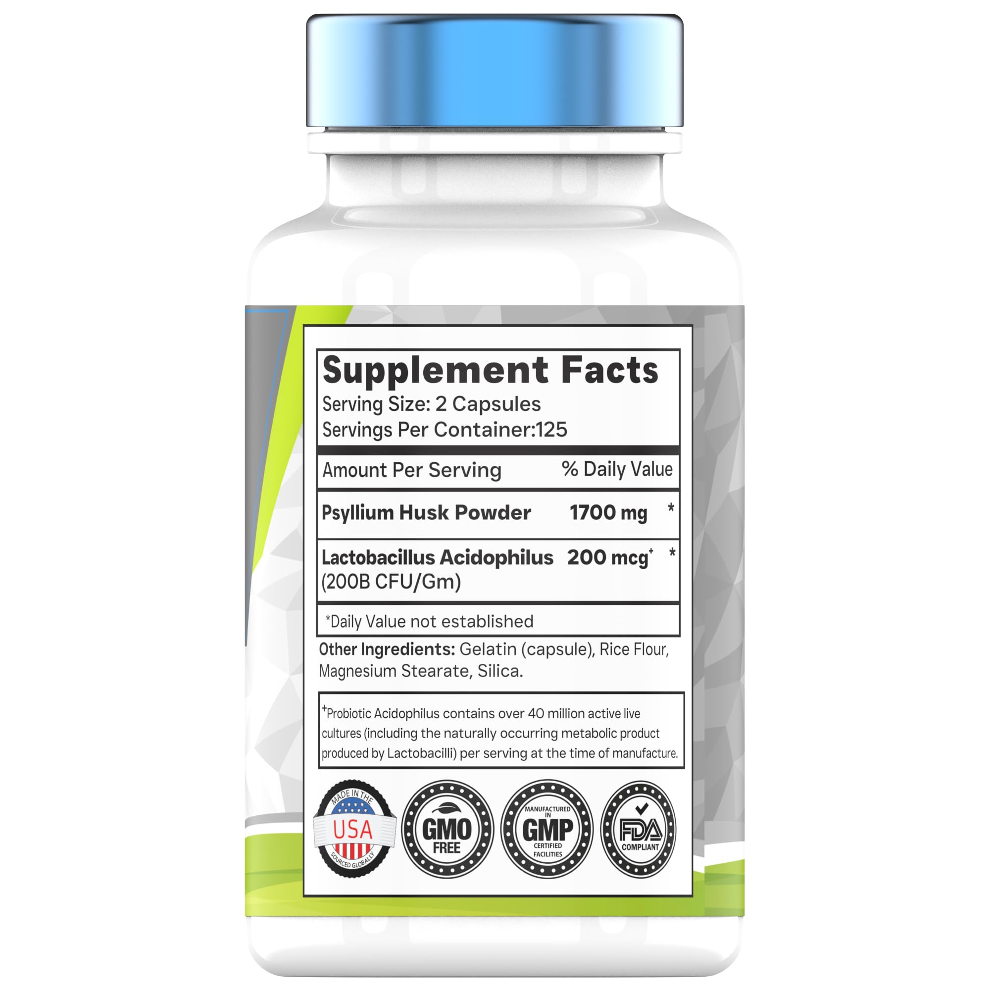tnvitamins Psyllium Husk Fiber Capsules 1700 MG side view