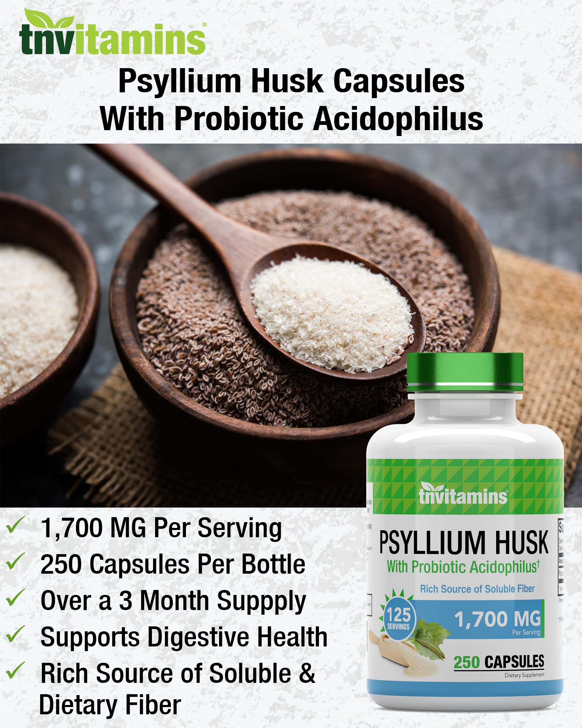 tnvitamins Psyllium Husk Fiber Capsules 1700 MG with measuring spoon