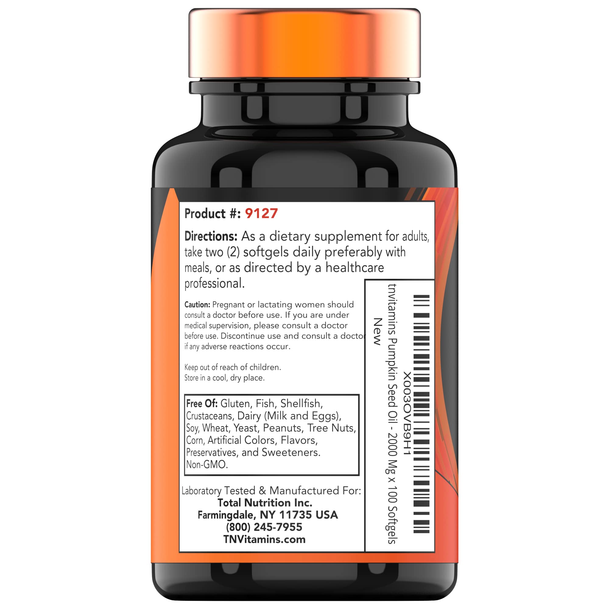 tnvitamins Pumpkin Seed Oil Supplement bottle with softgels on a table