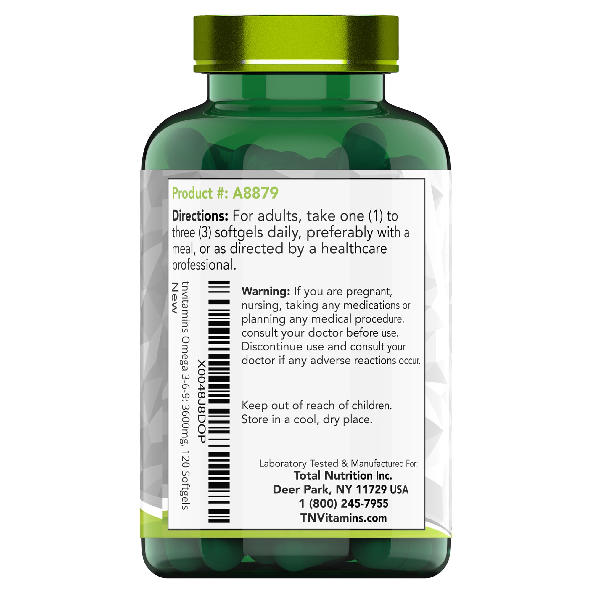 tnvitamins Triple Omega 3-6-9 Supplement 3600mg on a kitchen counter