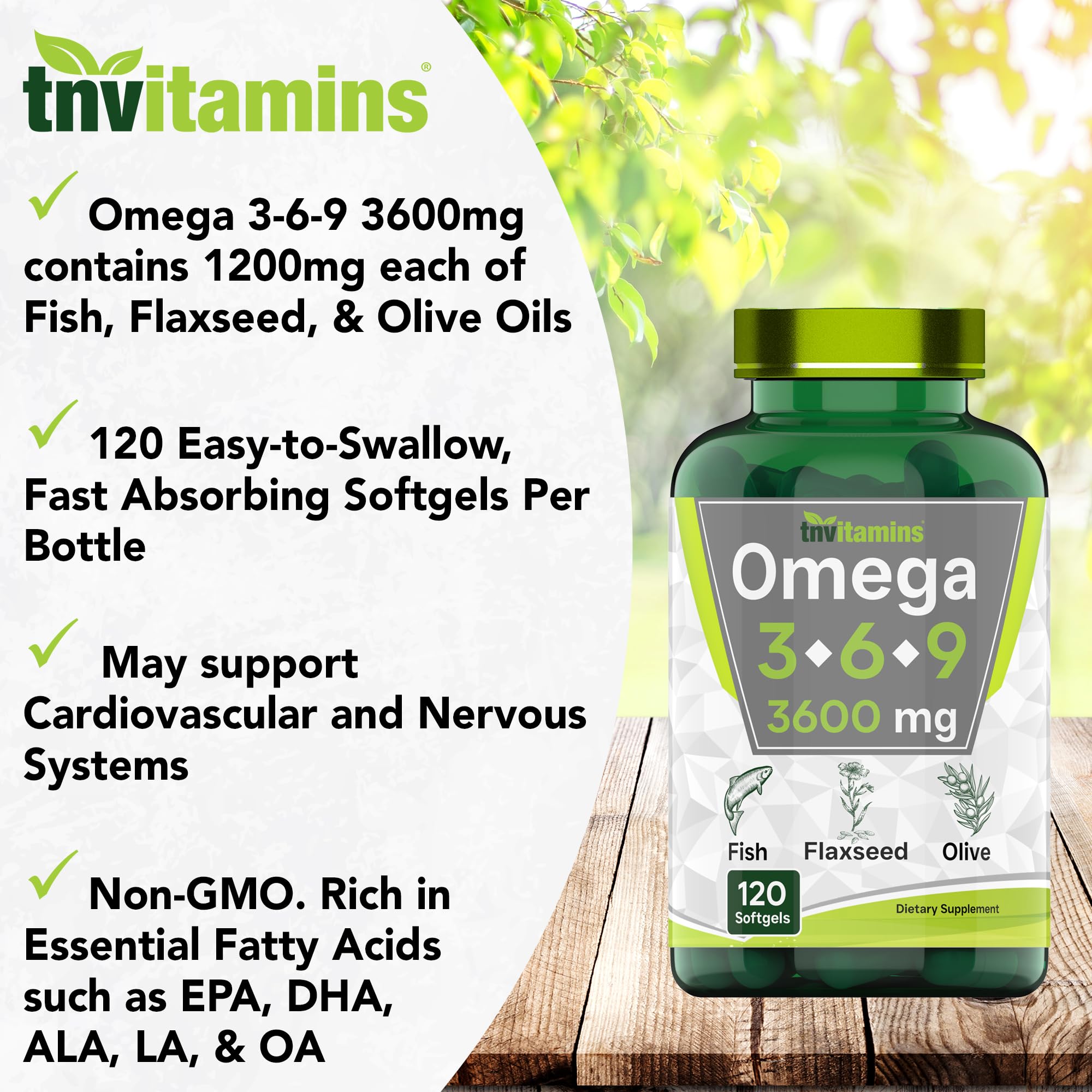 tnvitamins Triple Omega 3-6-9 Supplement 3600mg side view