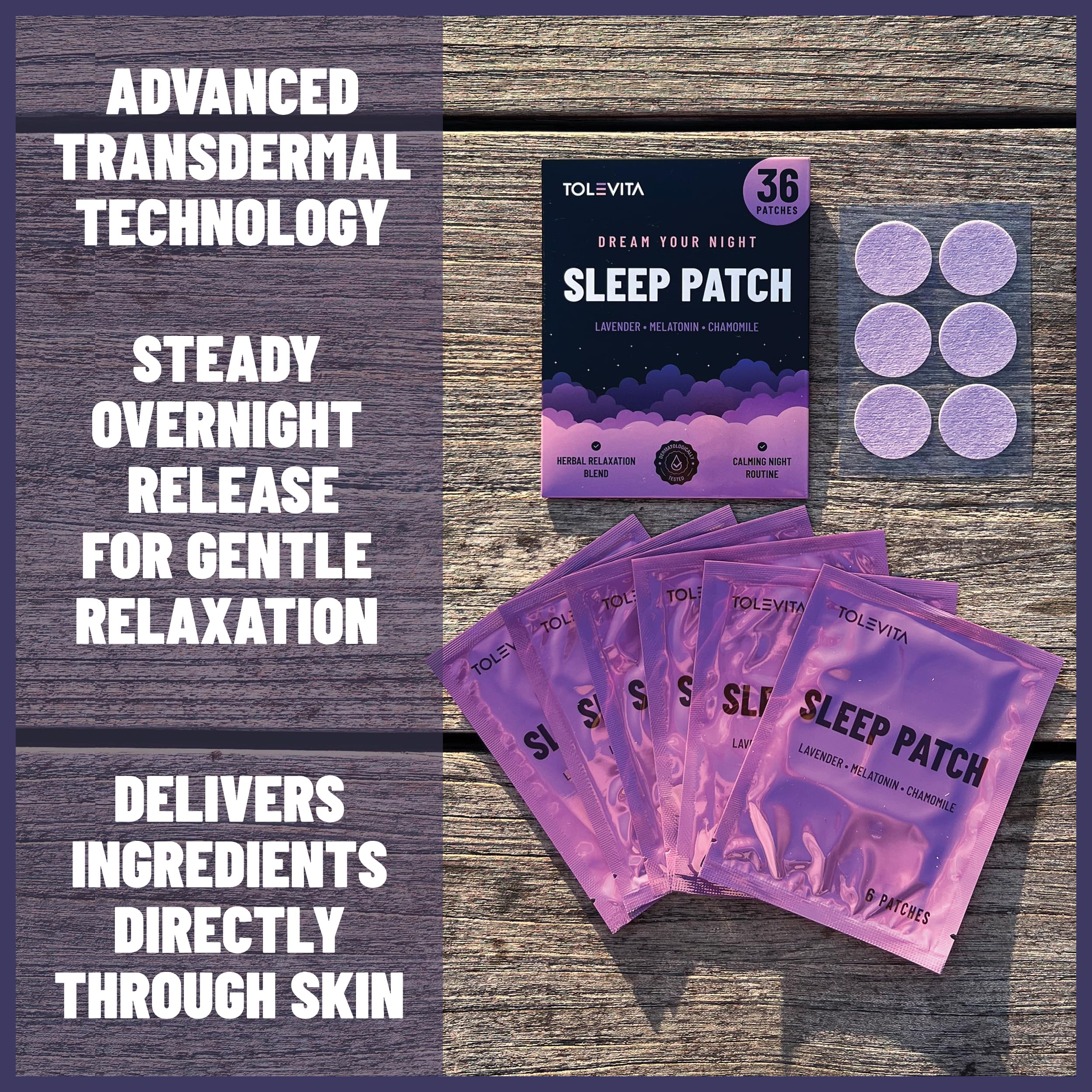 TOLEVITA Sleep Patches displayed on a bedside table