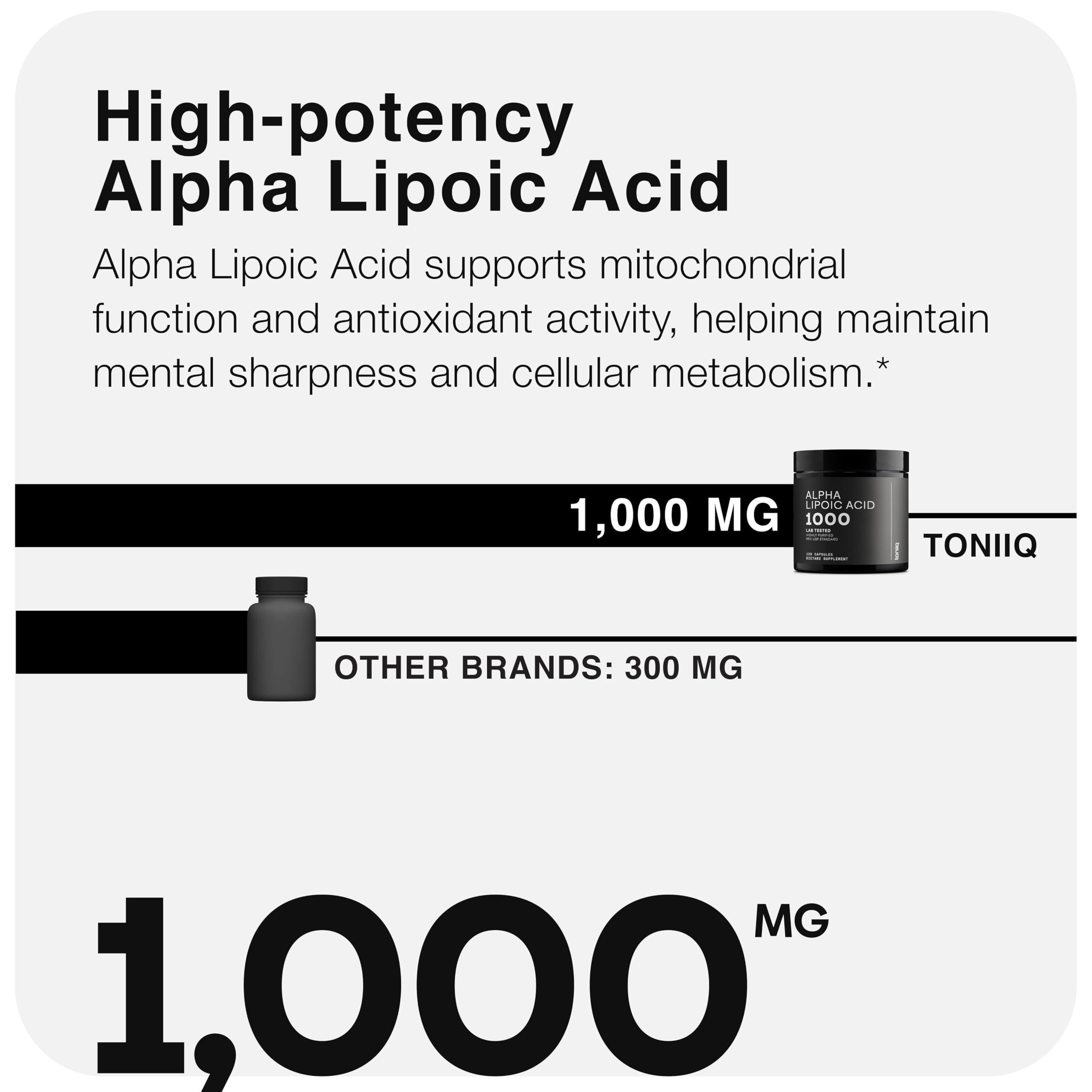 Toniiq Alpha Lipoic Acid 1000mg supplement capsules on a surface