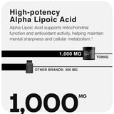 Toniiq Alpha Lipoic Acid 1000mg supplement capsules on a surface