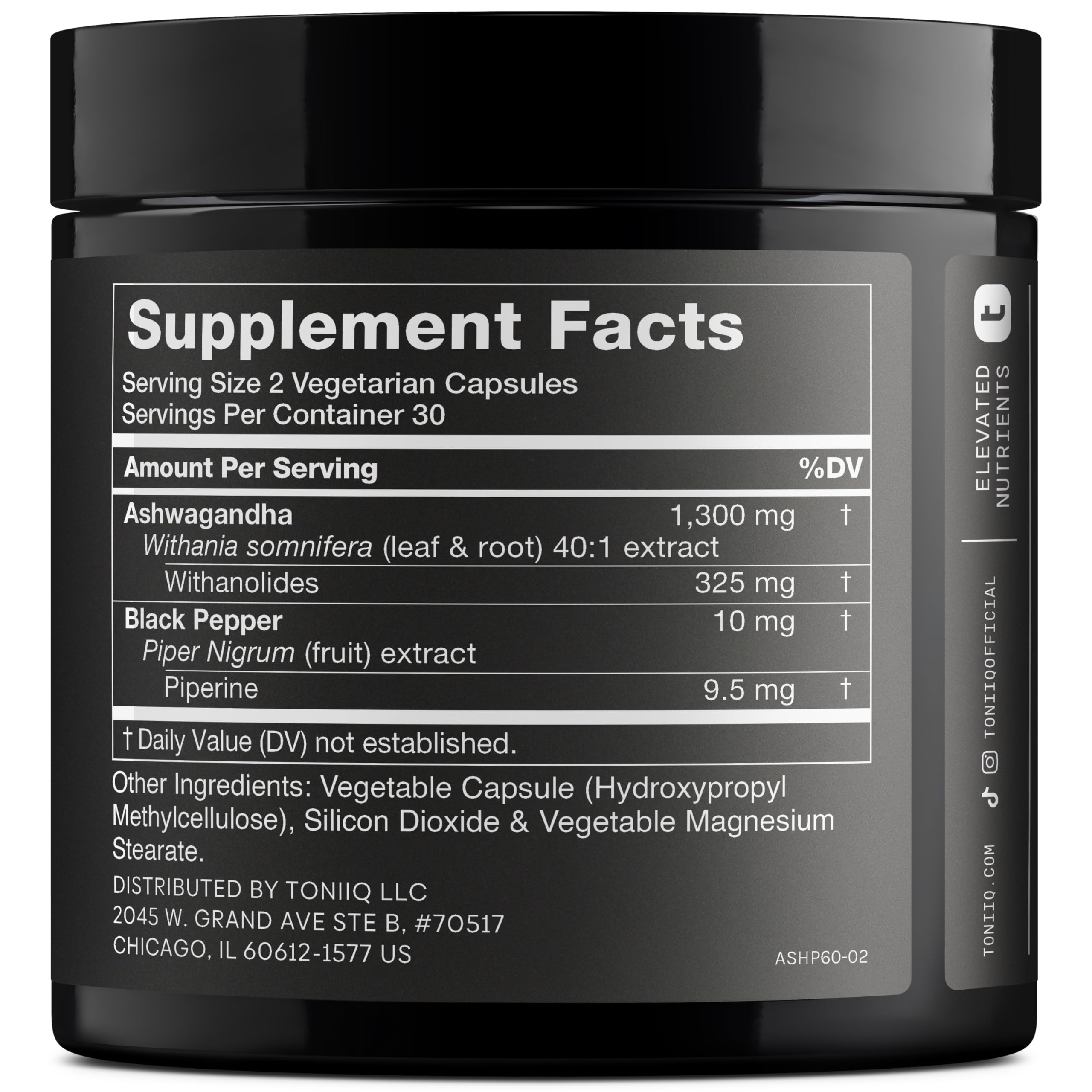 Toniiq Ashwagandha Extract 1300mg back view with ingredients