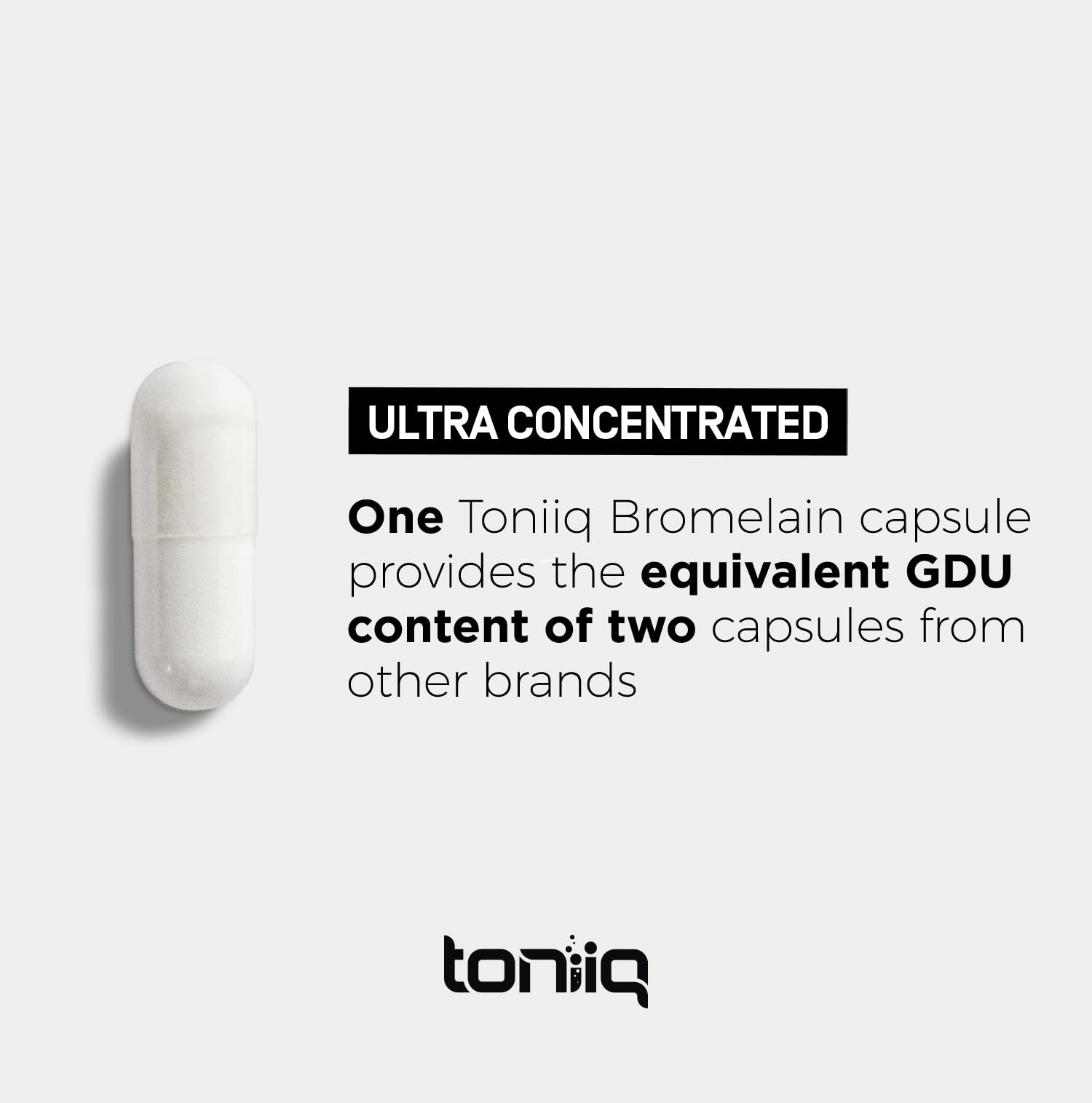 Toniiq Bromelain Capsules 3600 GDU capsules on a table