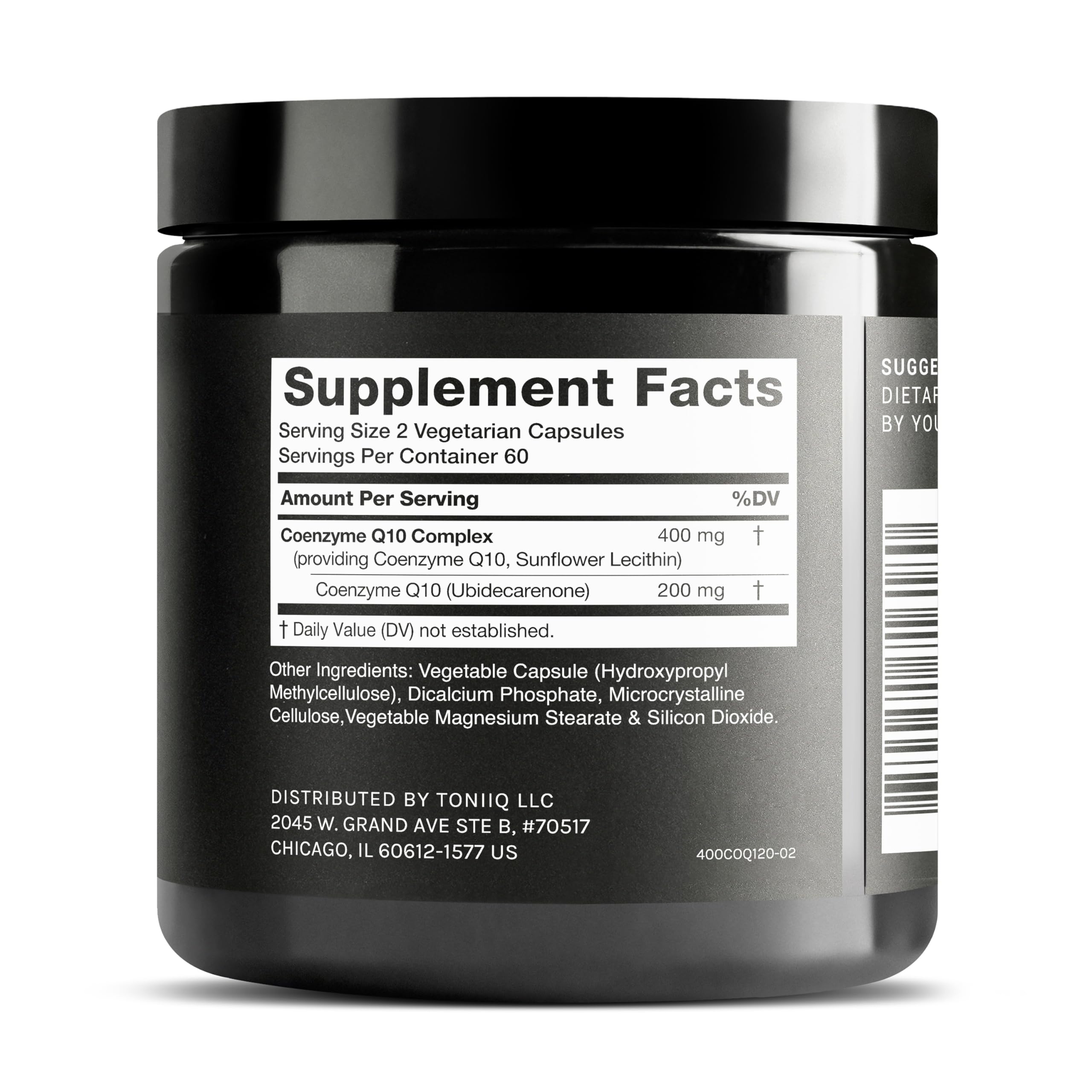 Toniiq CoQ10 Capsules side view showing dosage