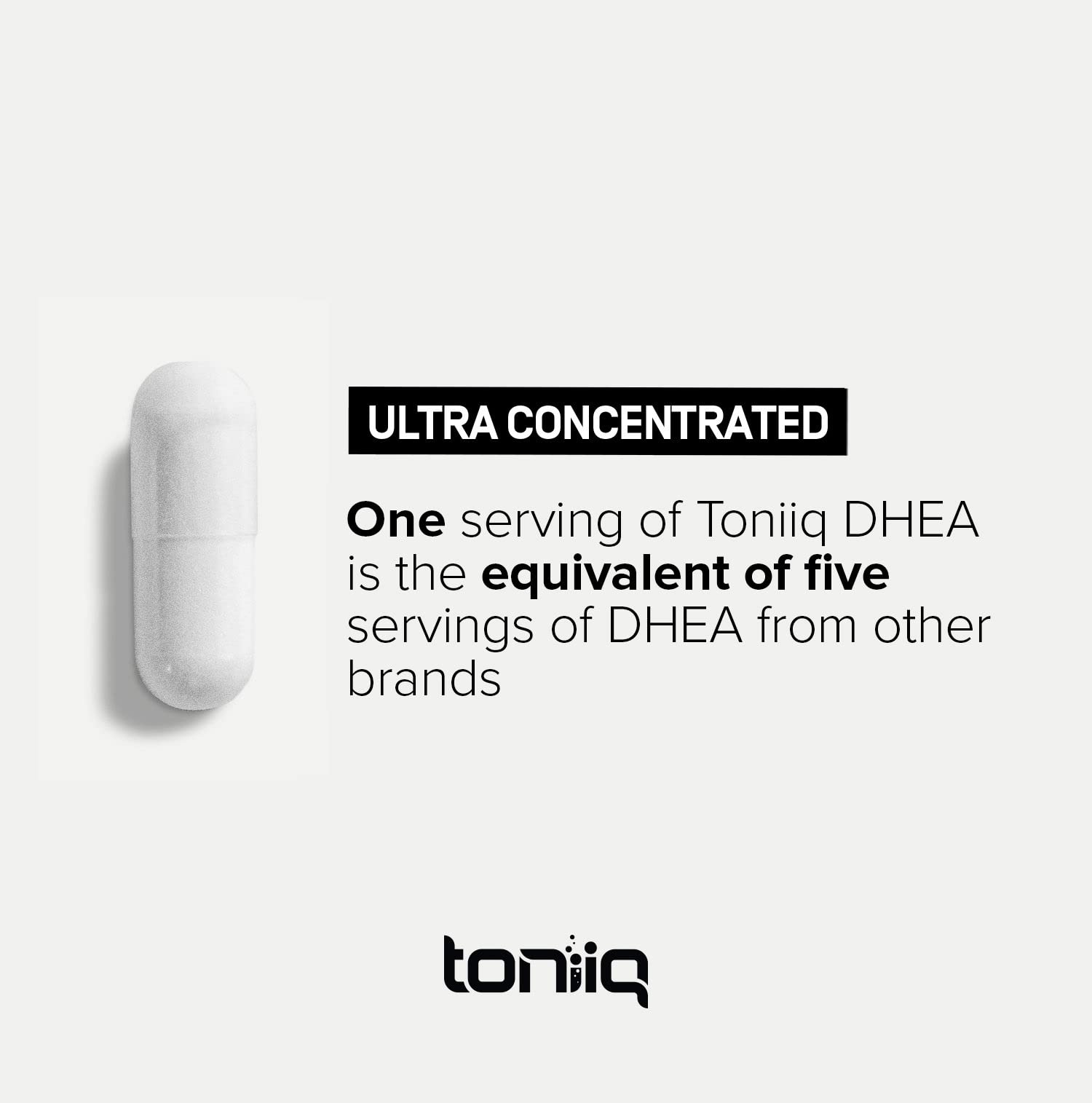 Toniiq DHEA 25mg capsules on wooden surface