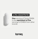 Toniiq DHEA 25mg capsules on wooden surface