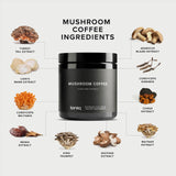 Toniiq Functional Mushroom Coffee in a cup with coffee beans