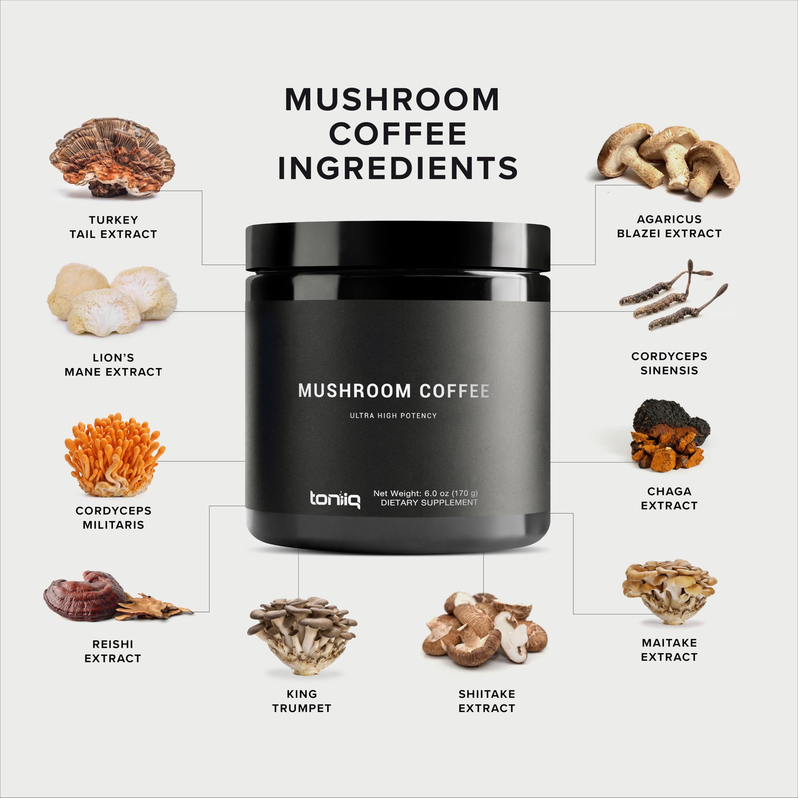 Toniiq Functional Mushroom Coffee prepared in a cup