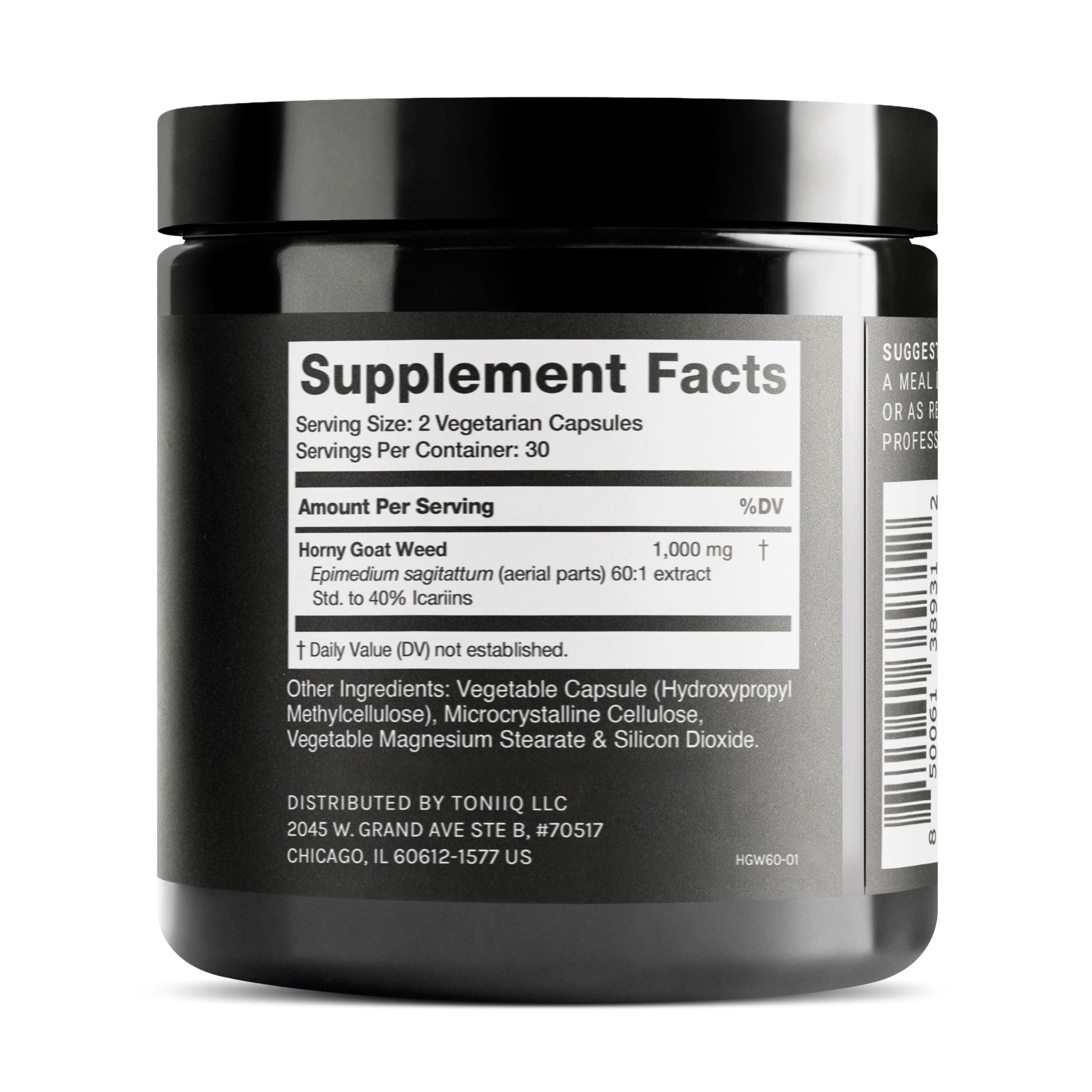 Toniiq Horny Goat Weed Extract 60:1 side view showing label details