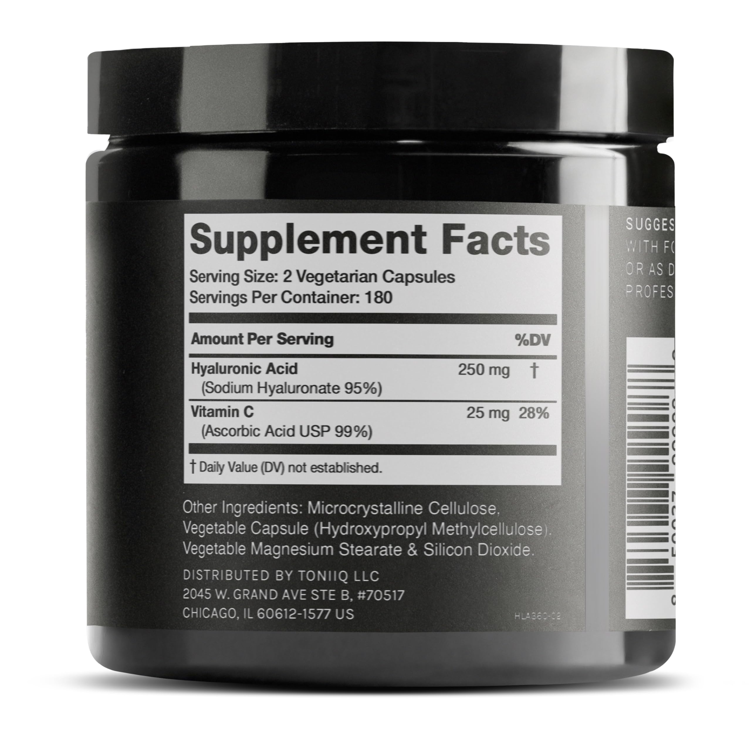 Toniiq Hyaluronic Acid Capsules 250mg back view with ingredient list