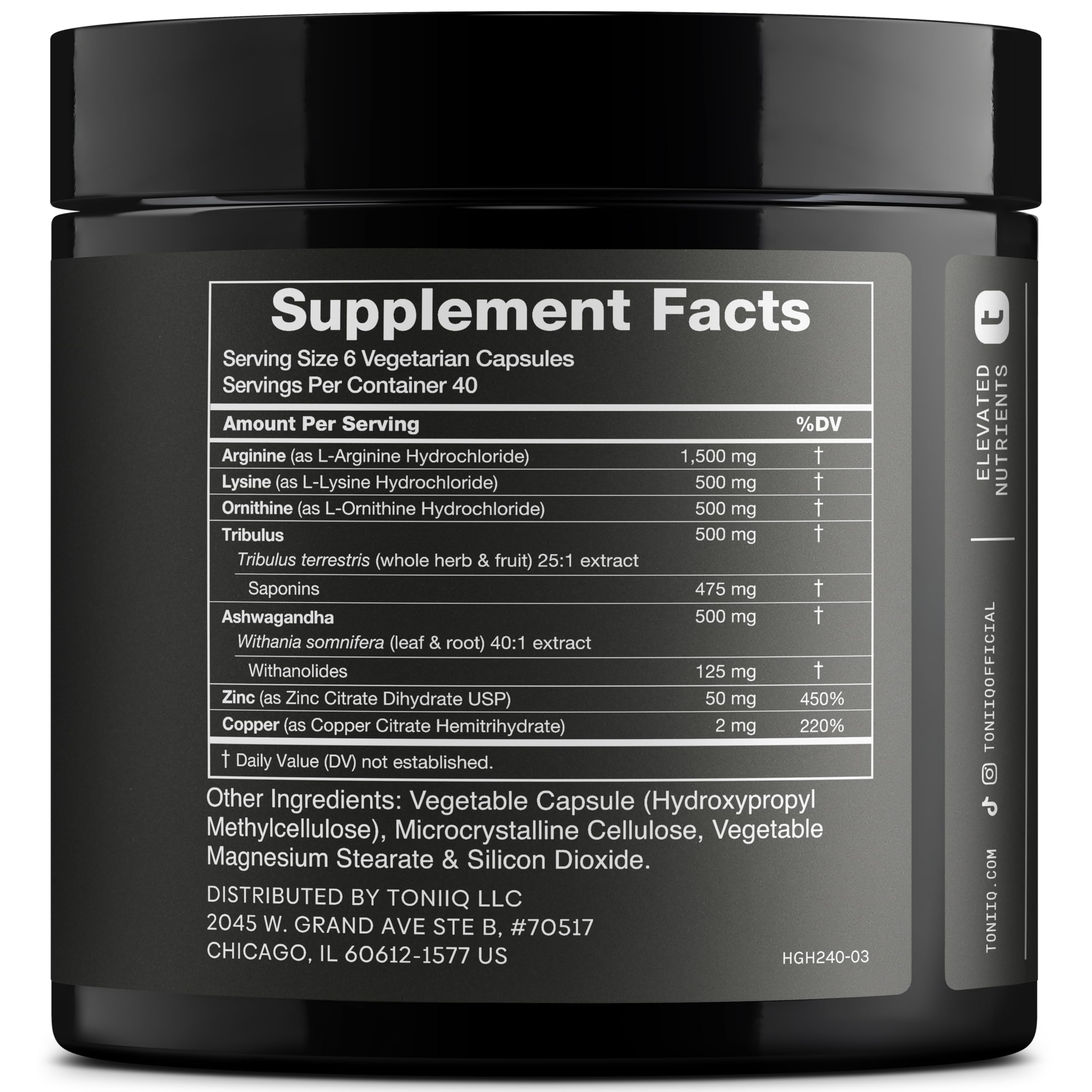 Toniiq L-Arginine Supplement 3,552mg side view