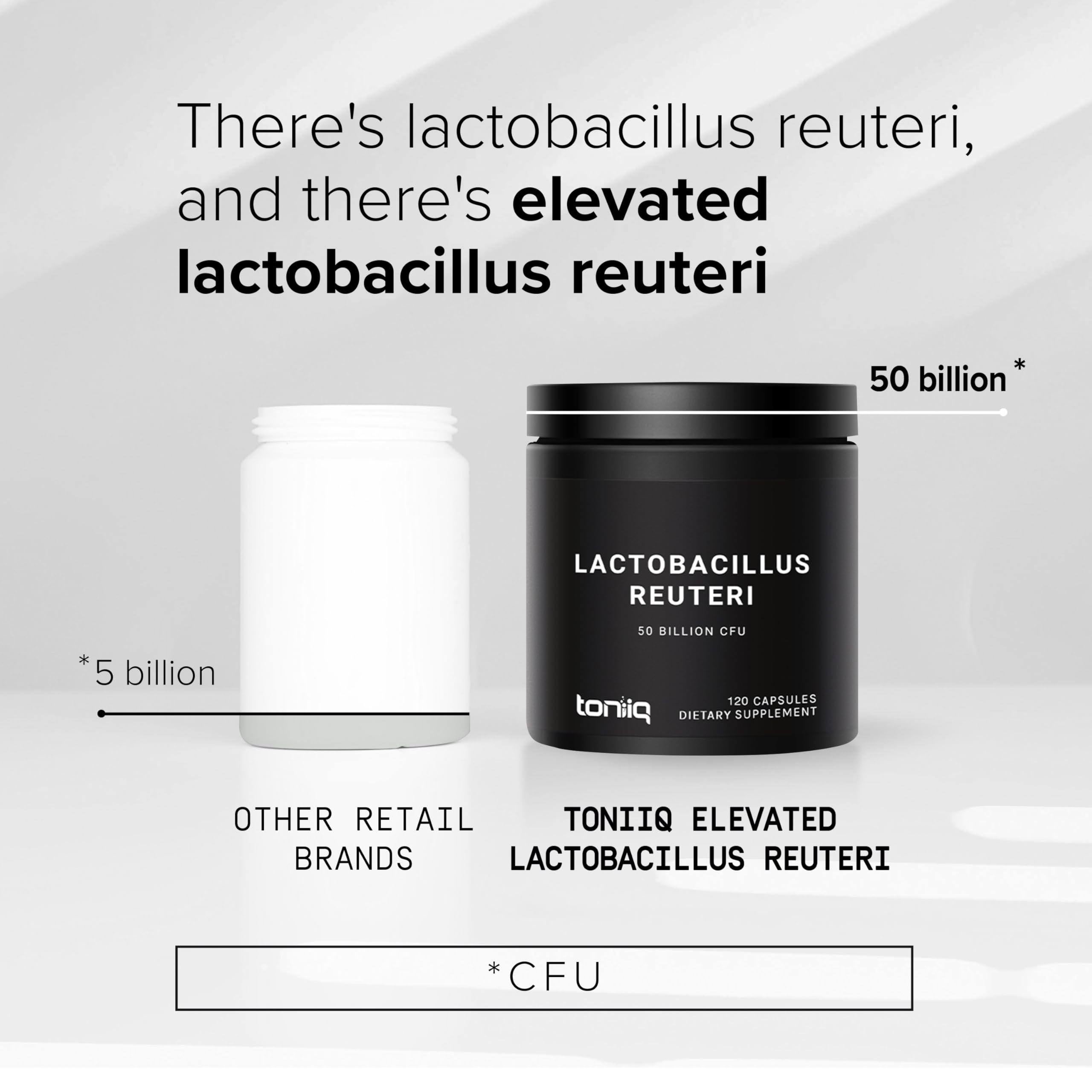 Toniiq Lactobacillus Reuteri Probiotic capsules in a clear bottle