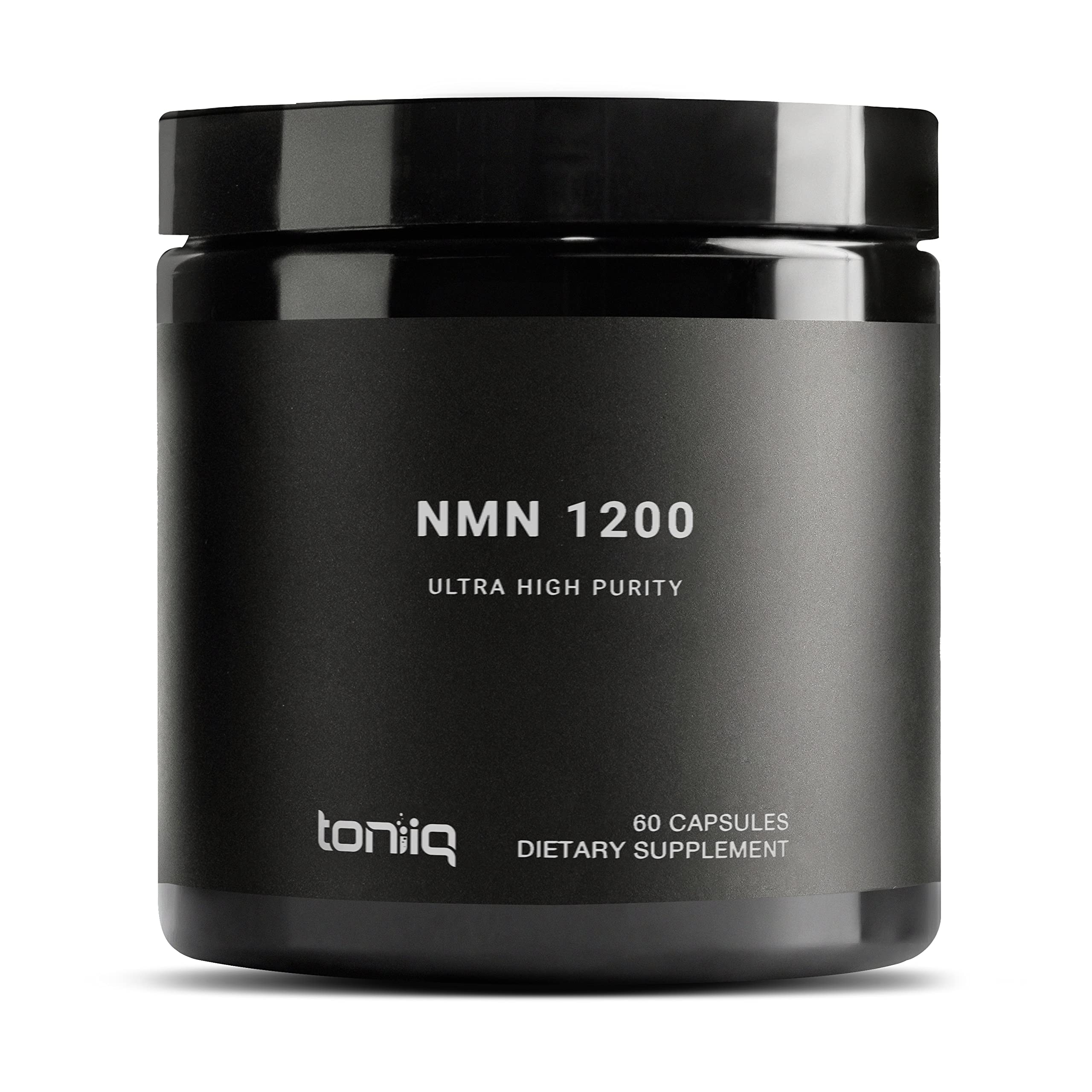 Toniiq NMN Capsules front view with black sealed bottle
