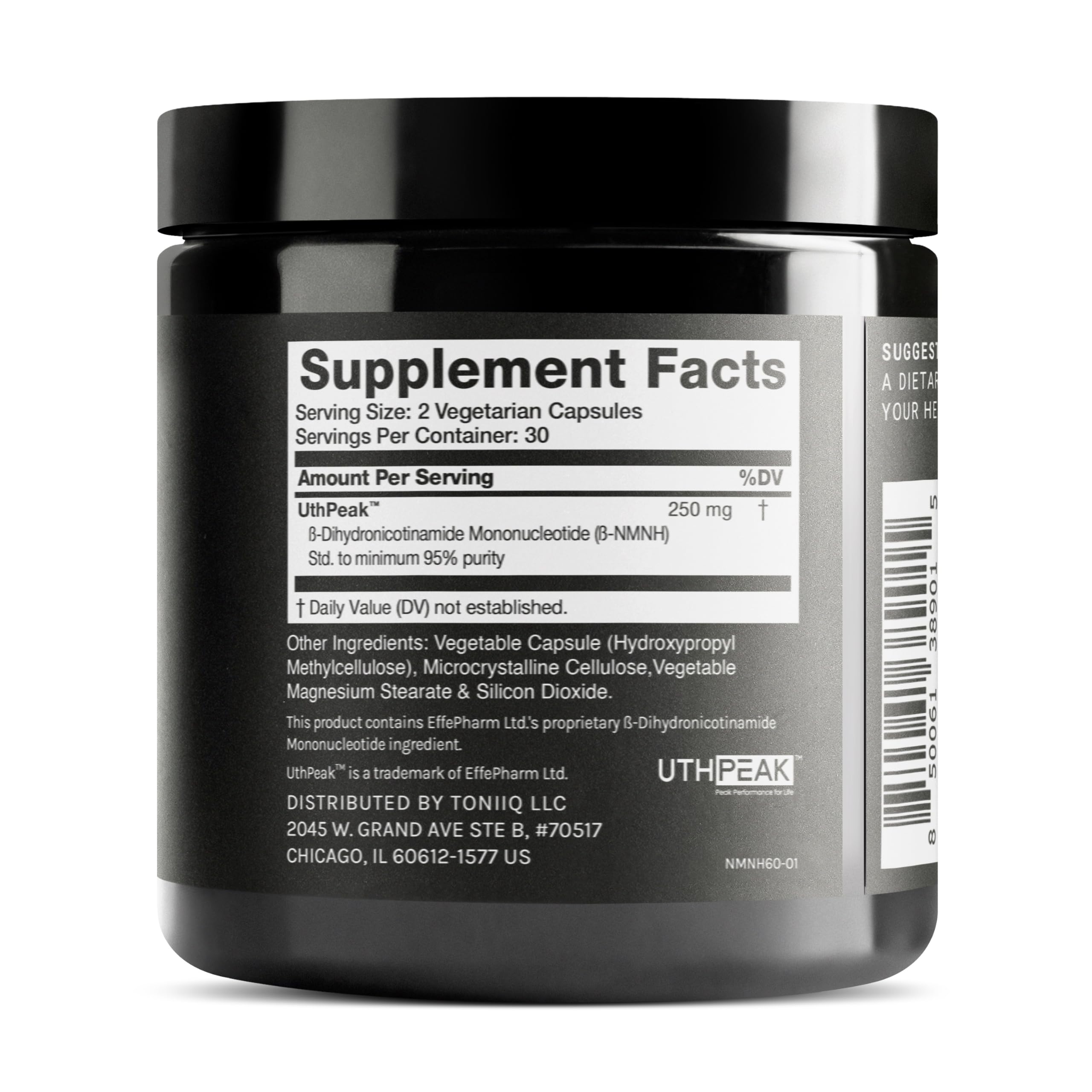 Toniiq NMNH Supplement side view with dosage information