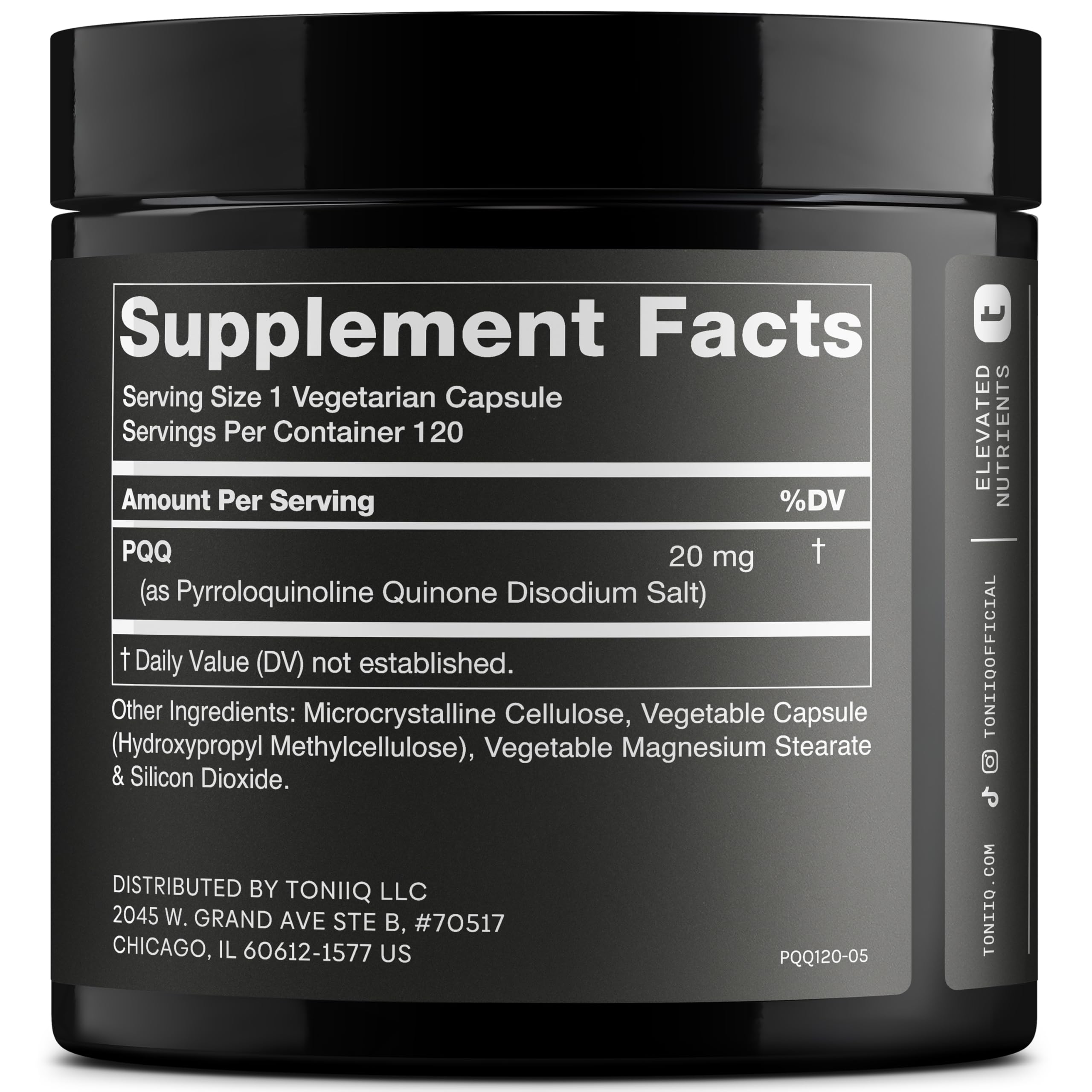 Toniiq PQQ Capsules 20mg side view showing capsule details