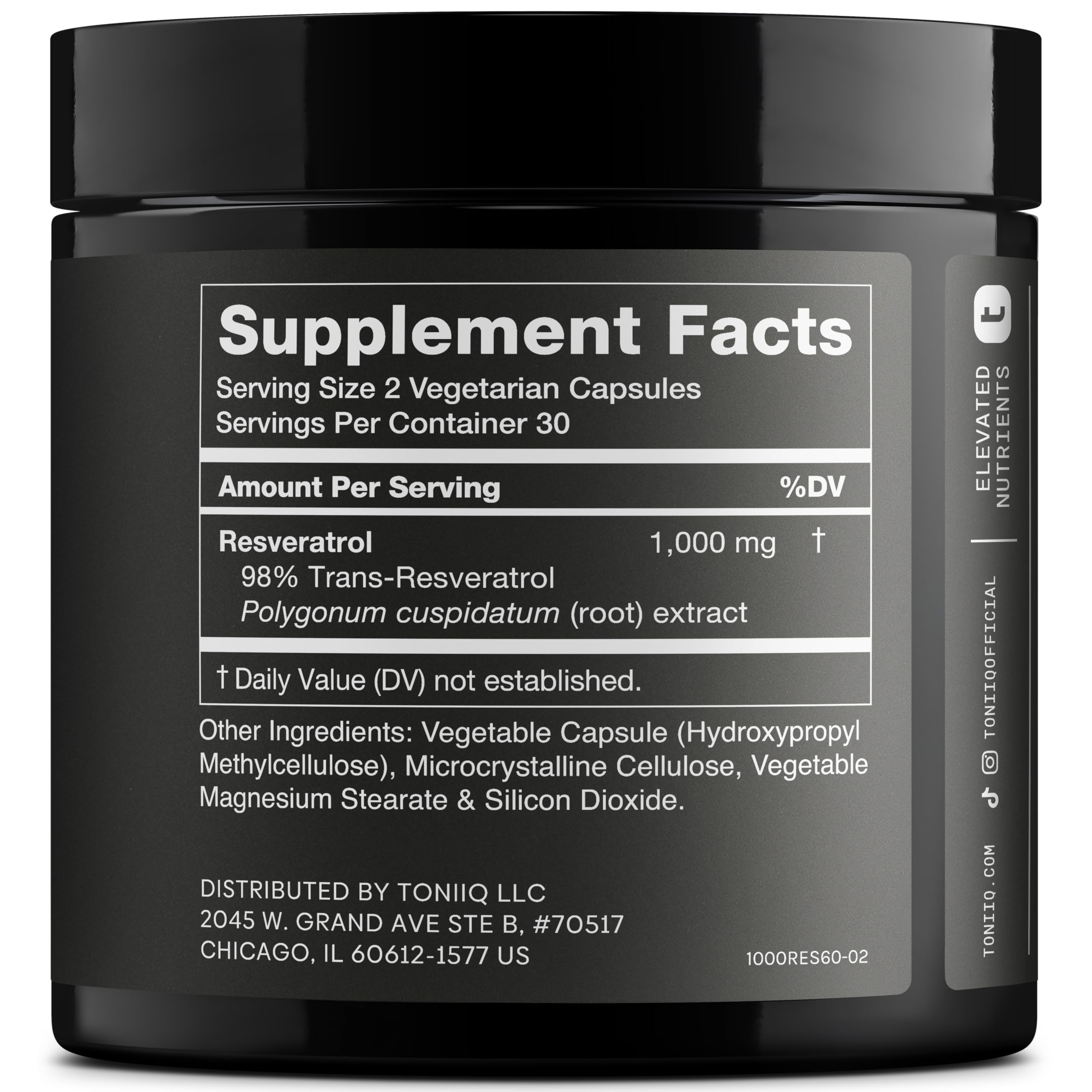 Toniiq Resveratrol 1000mg supplement side view