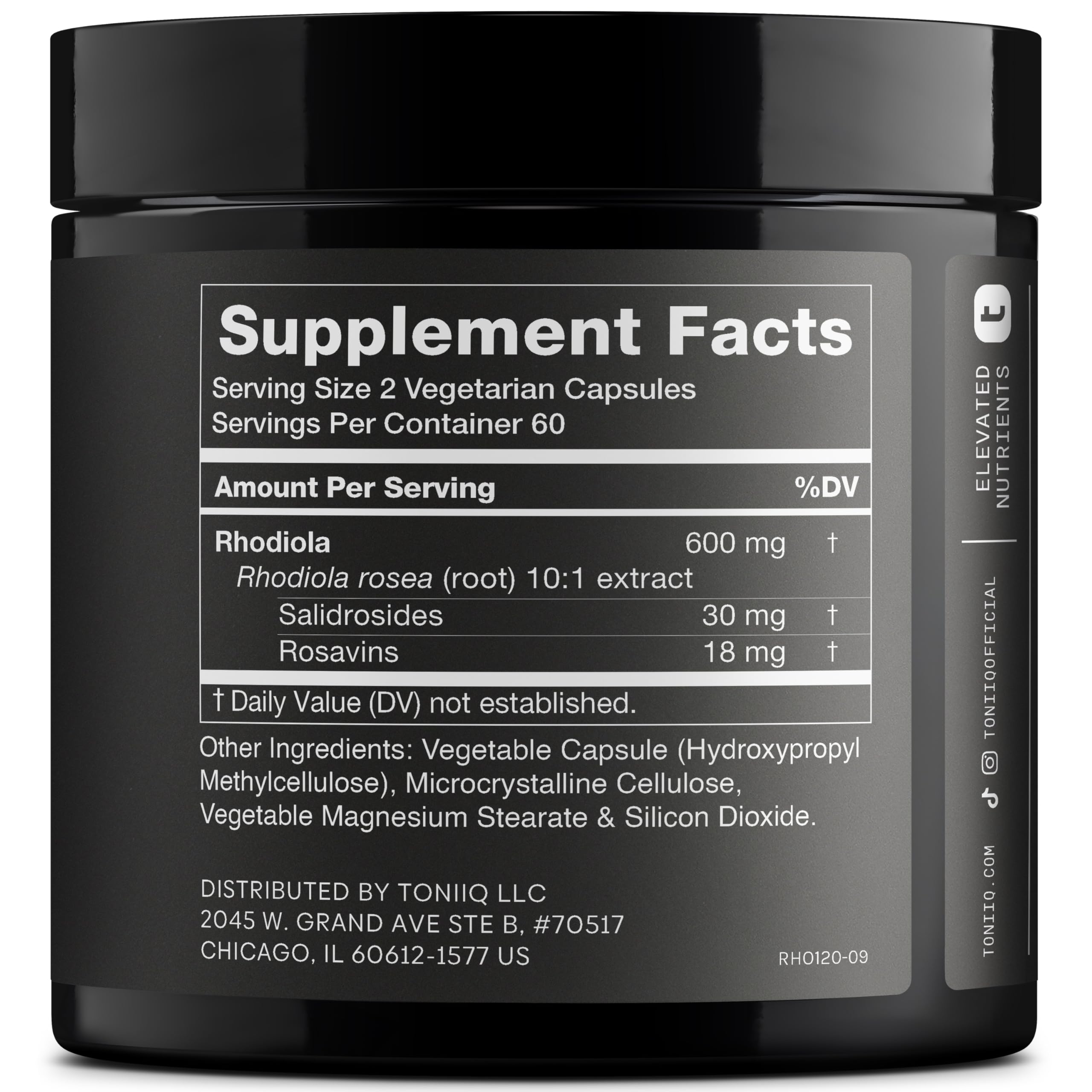 Toniiq Rhodiola Rosea 600mg supplement bottle side view