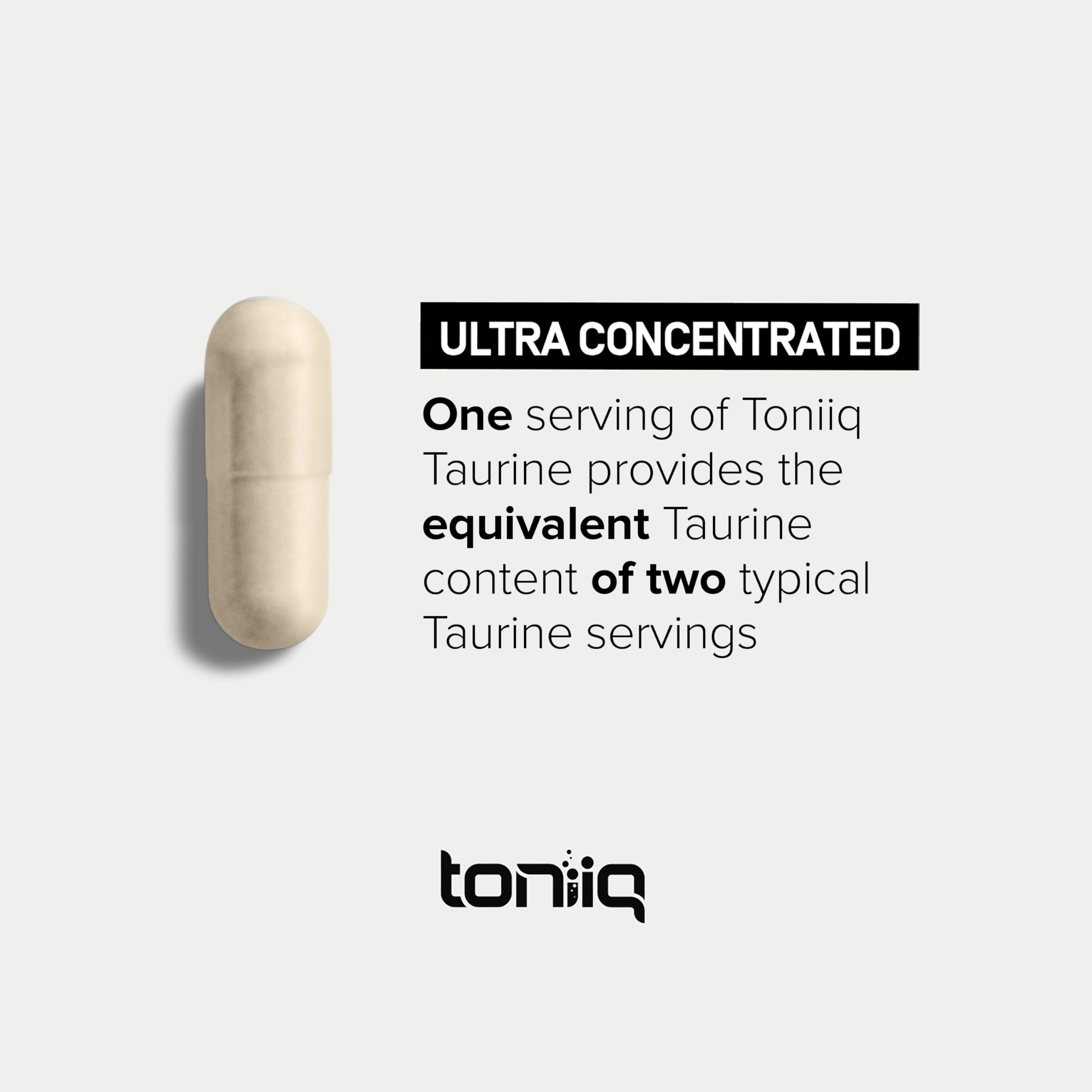 Toniiq Taurine 2000mg supplement opened bottle showing capsules