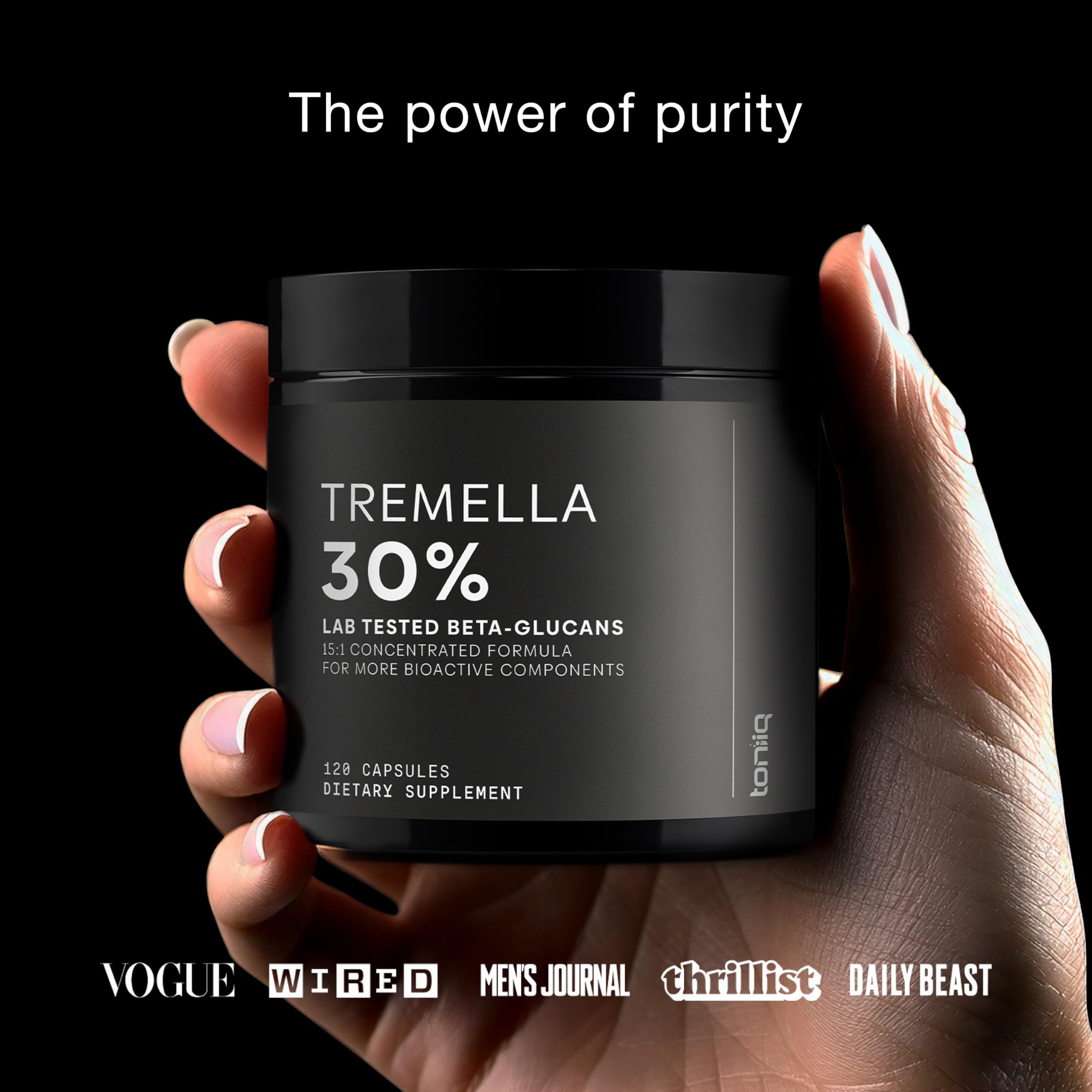 Toniiq Tremella Mushroom Supplement back view with ingredient list
