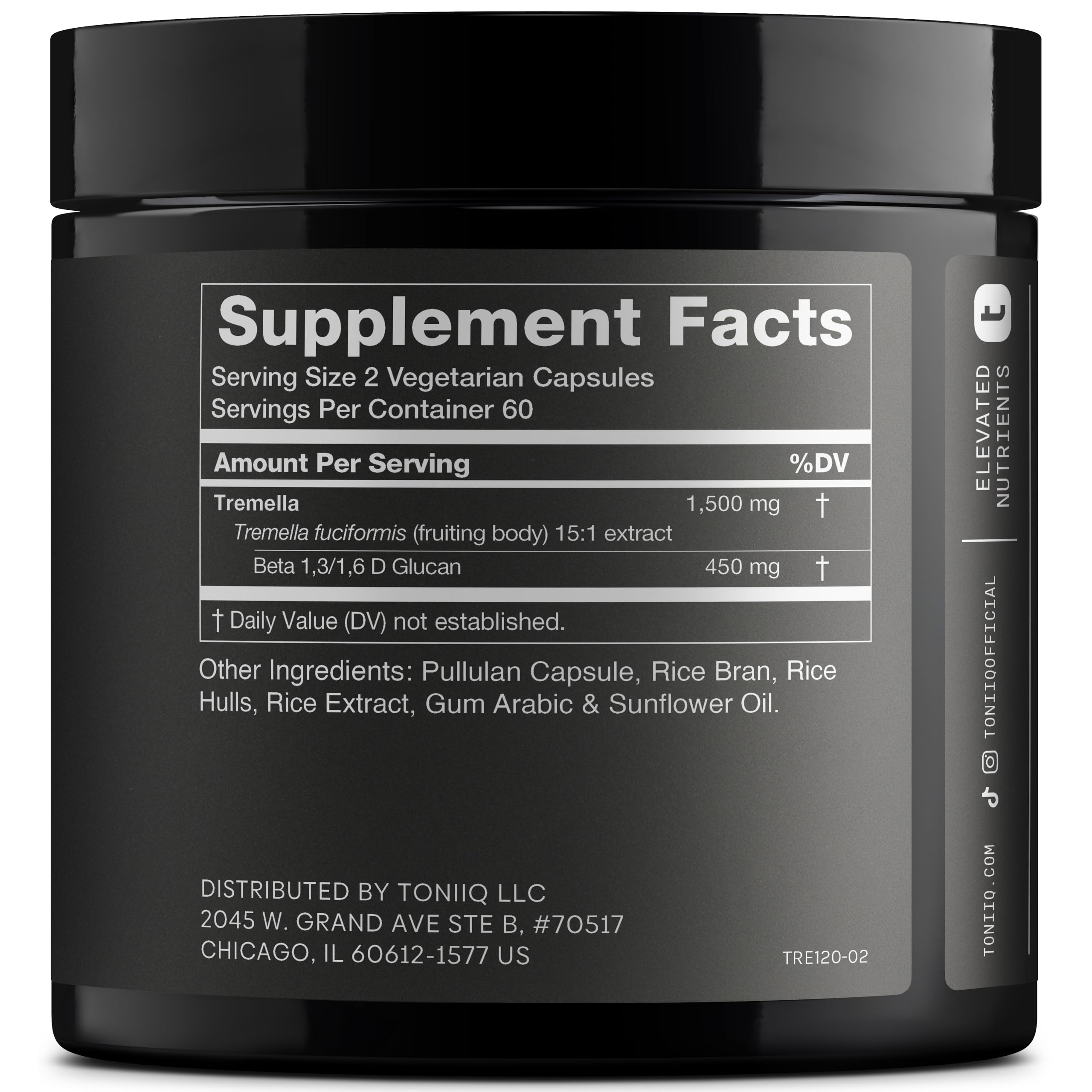 Toniiq Tremella Mushroom Supplement side view showing dosage information
