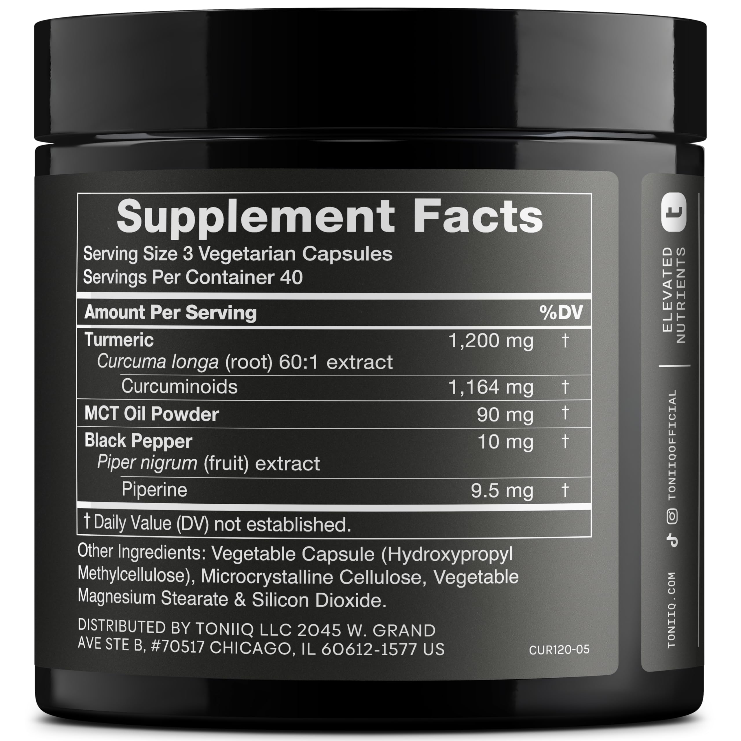 Toniiq Turmeric Curcumin Extract Capsules 1200mg side view