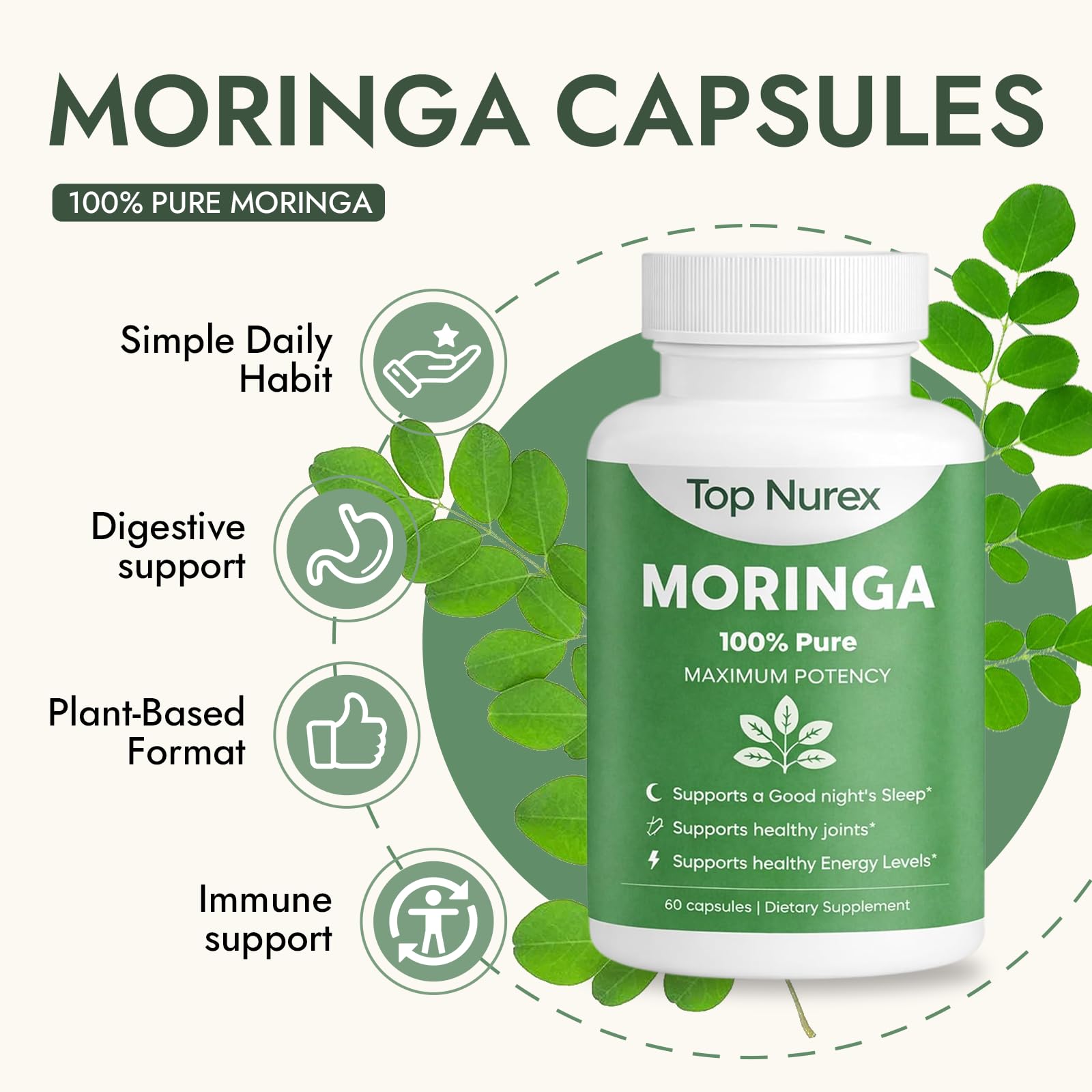 Top Nurex Moringa Leaf Capsules on a wooden table