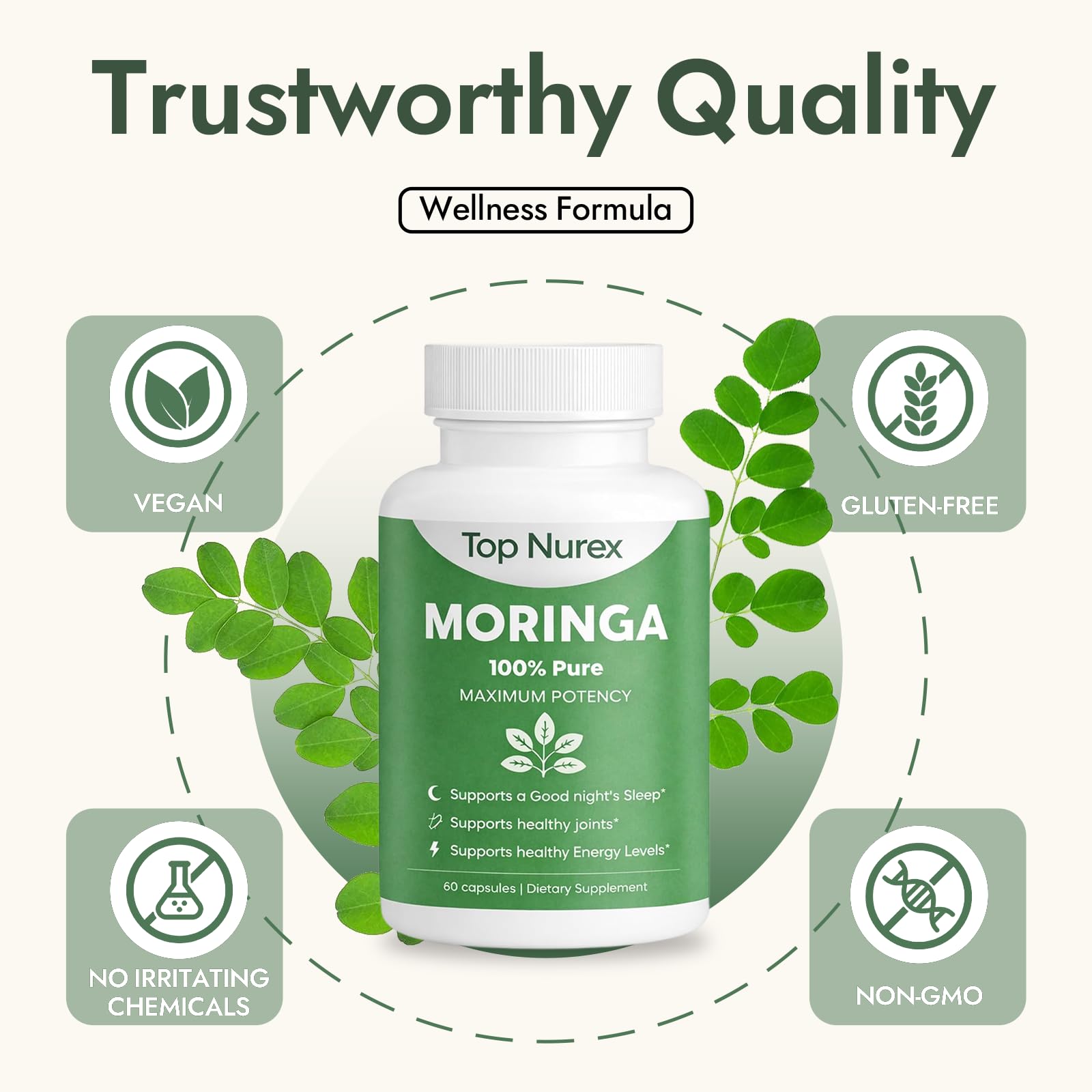 Top Nurex Moringa Leaf Capsules with green leaves background