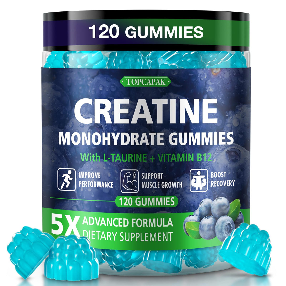 TOPCAPAK Creatine Gummies 120 Count blueberry flavour front view