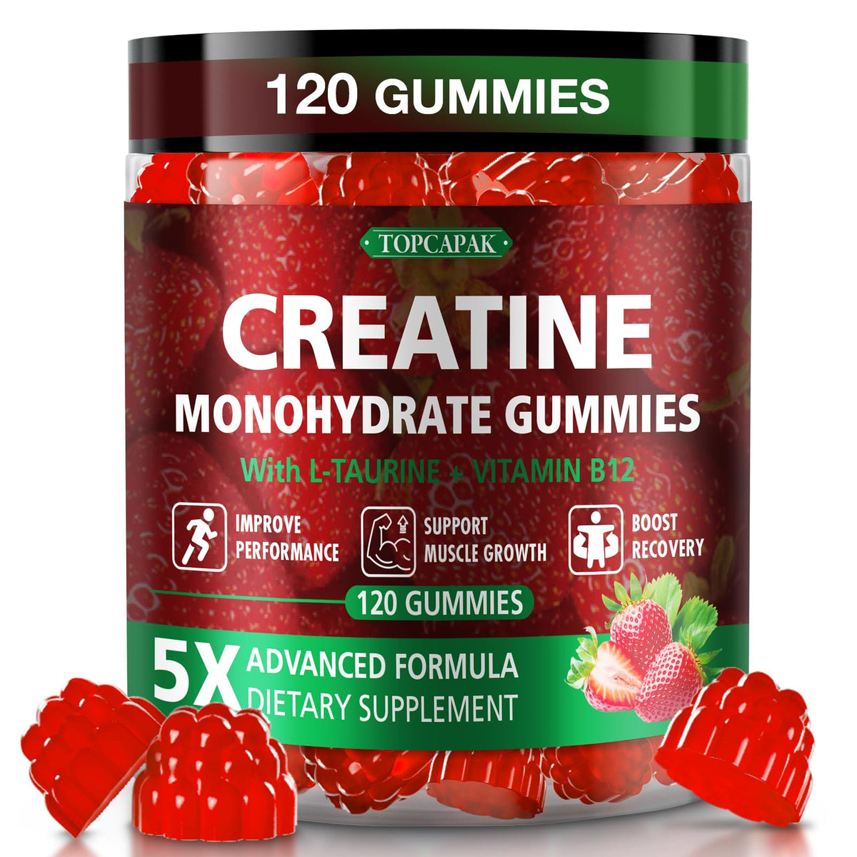TOPCAPAK Creatine Gummies 120 Count Strawberry Flavour front view