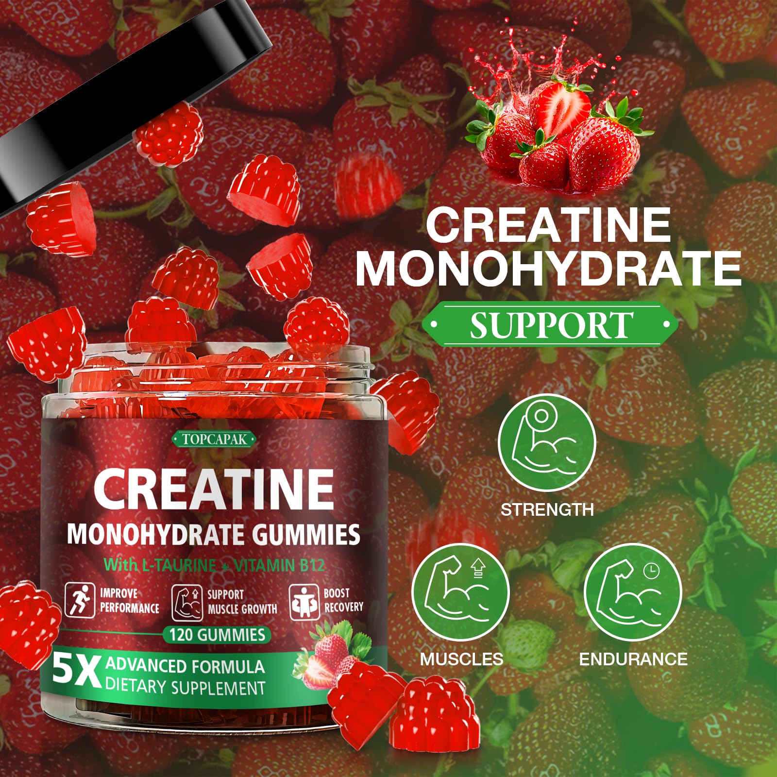 TOPCAPAK Creatine Gummies bottle with raspberry-shaped gummies