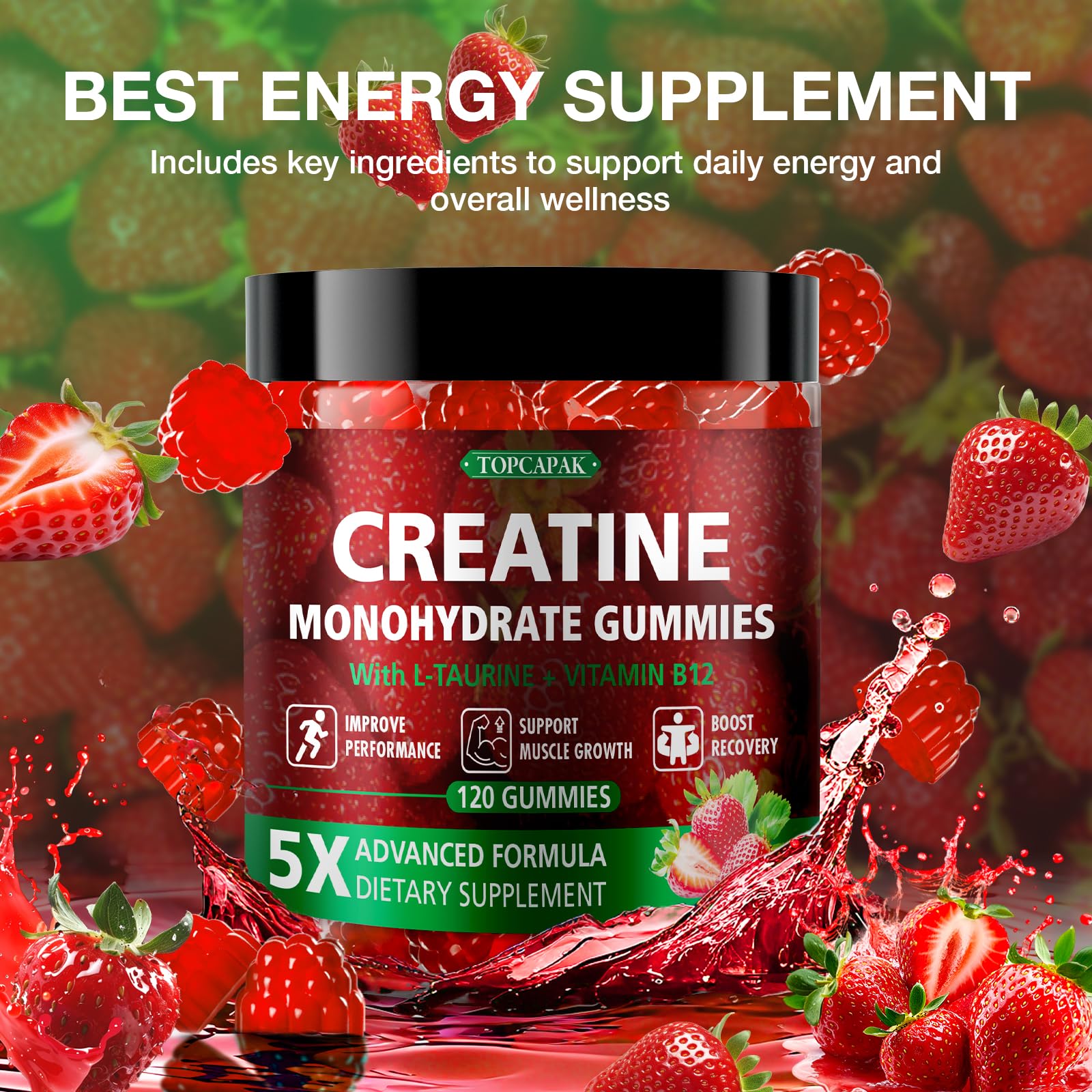 TOPCAPAK Creatine Gummies close-up of strawberry flavour