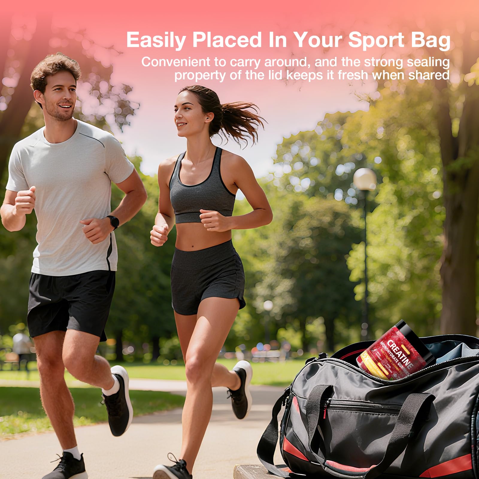 TOPCAPAK Creatine Gummies on a gym bag