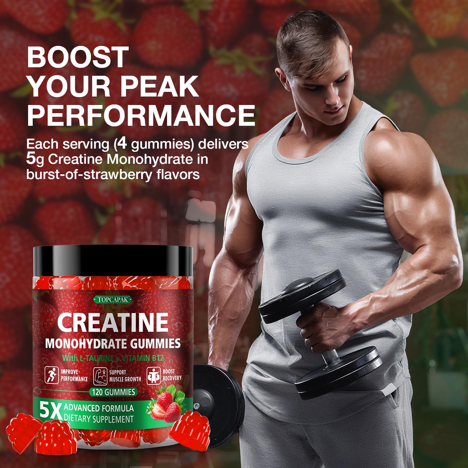 TOPCAPAK Creatine Gummies on a gym bench