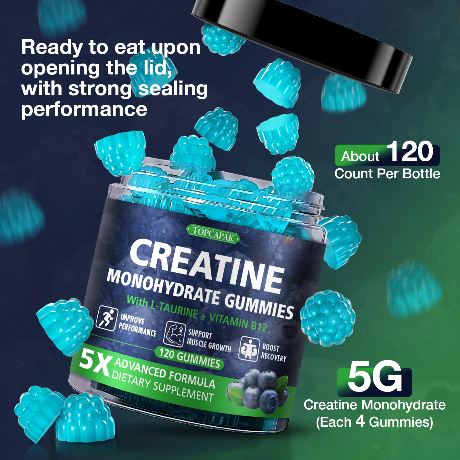 TOPCAPAK Creatine Gummies open bottle with gummies visible