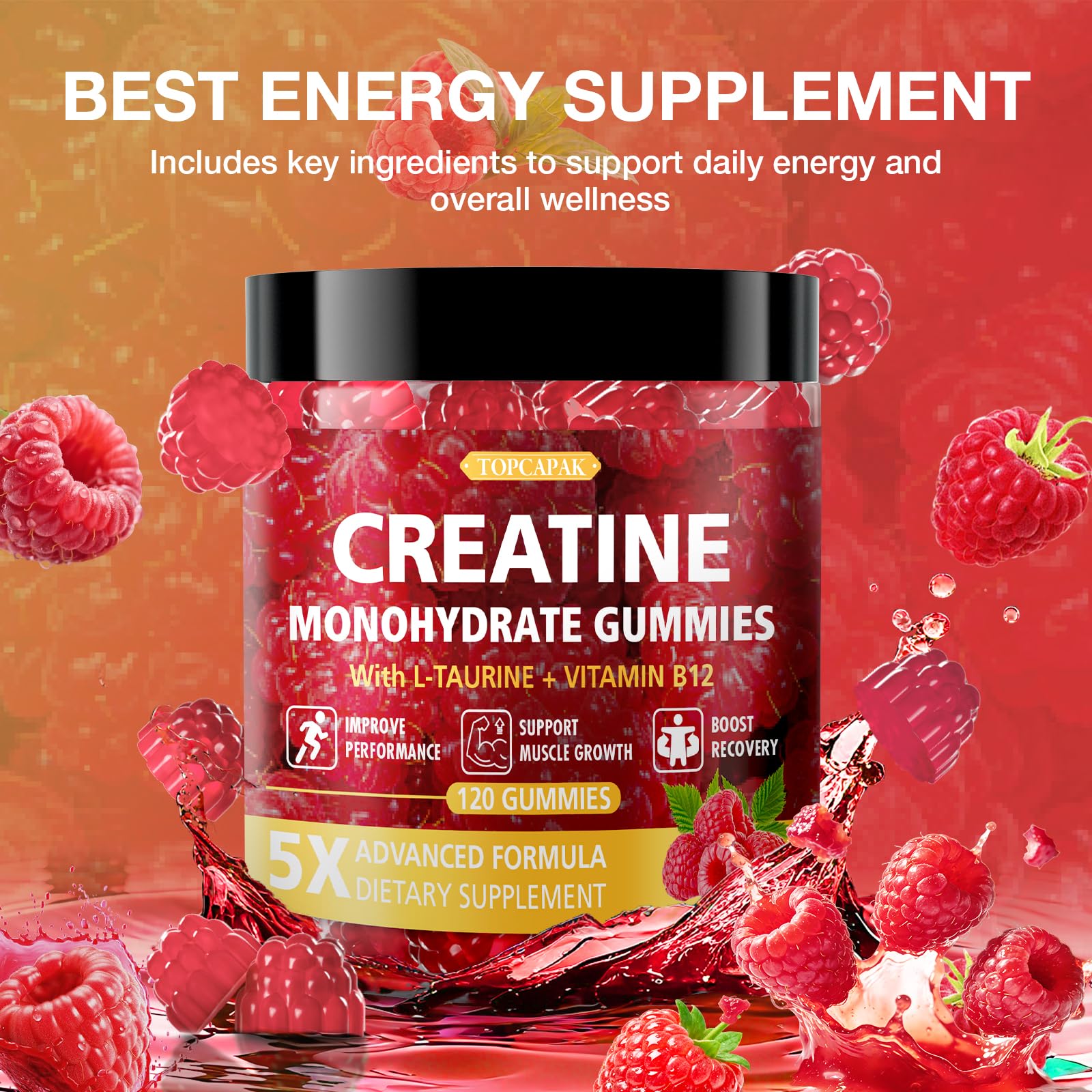 TOPCAPAK Creatine Gummies raspberry flavour close-up