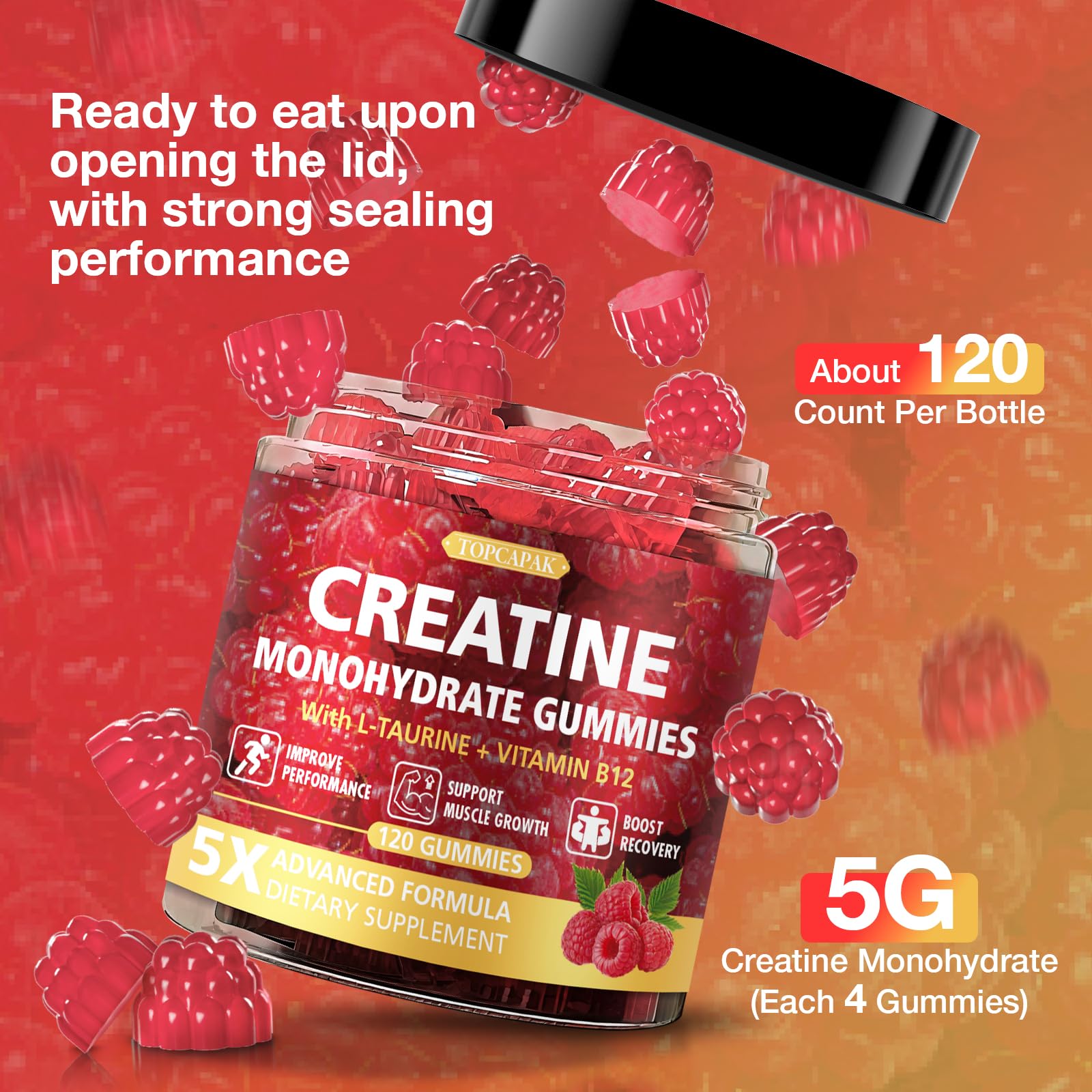 TOPCAPAK Creatine Gummies raspberry flavour serving size
