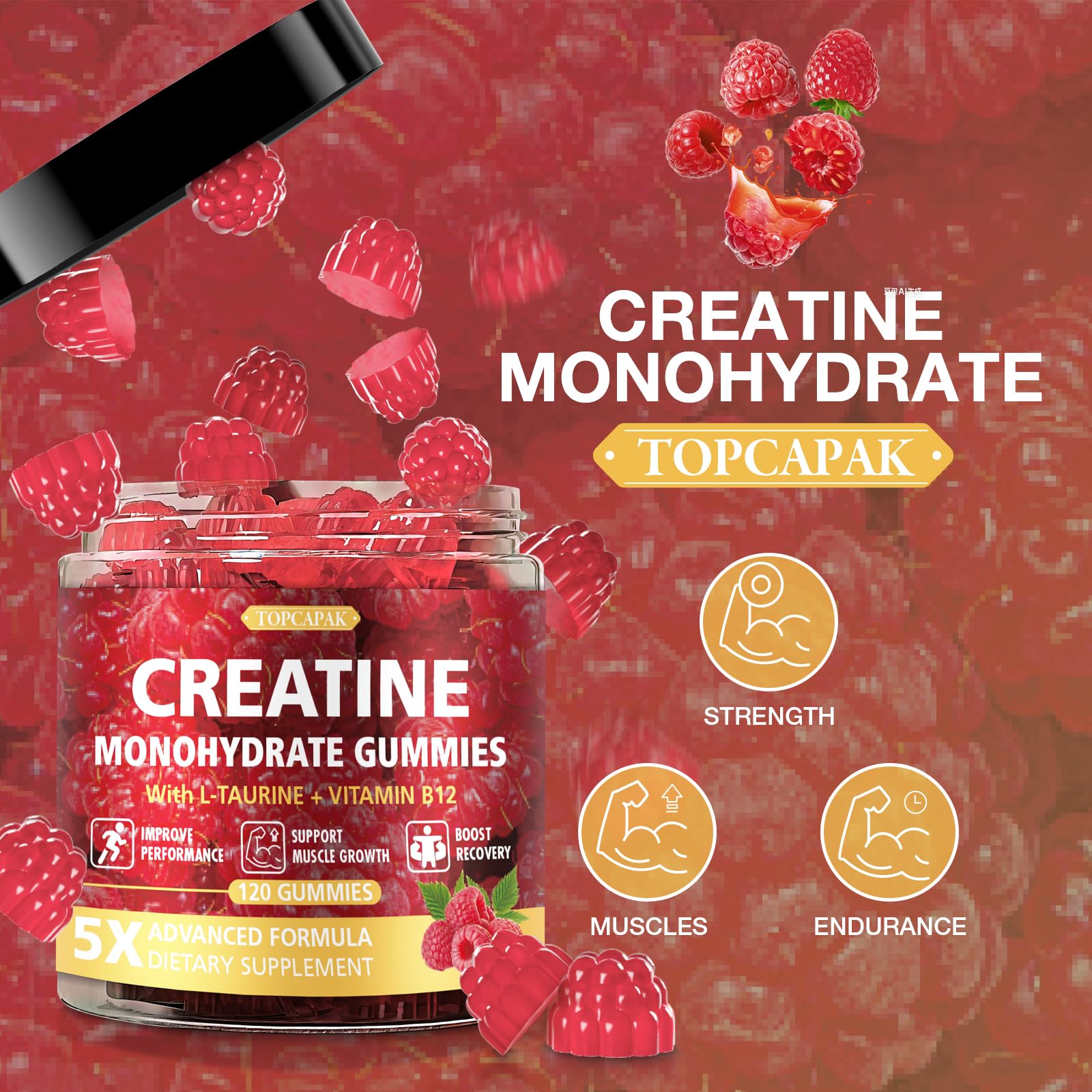 TOPCAPAK Creatine Gummies raspberry shape packaging