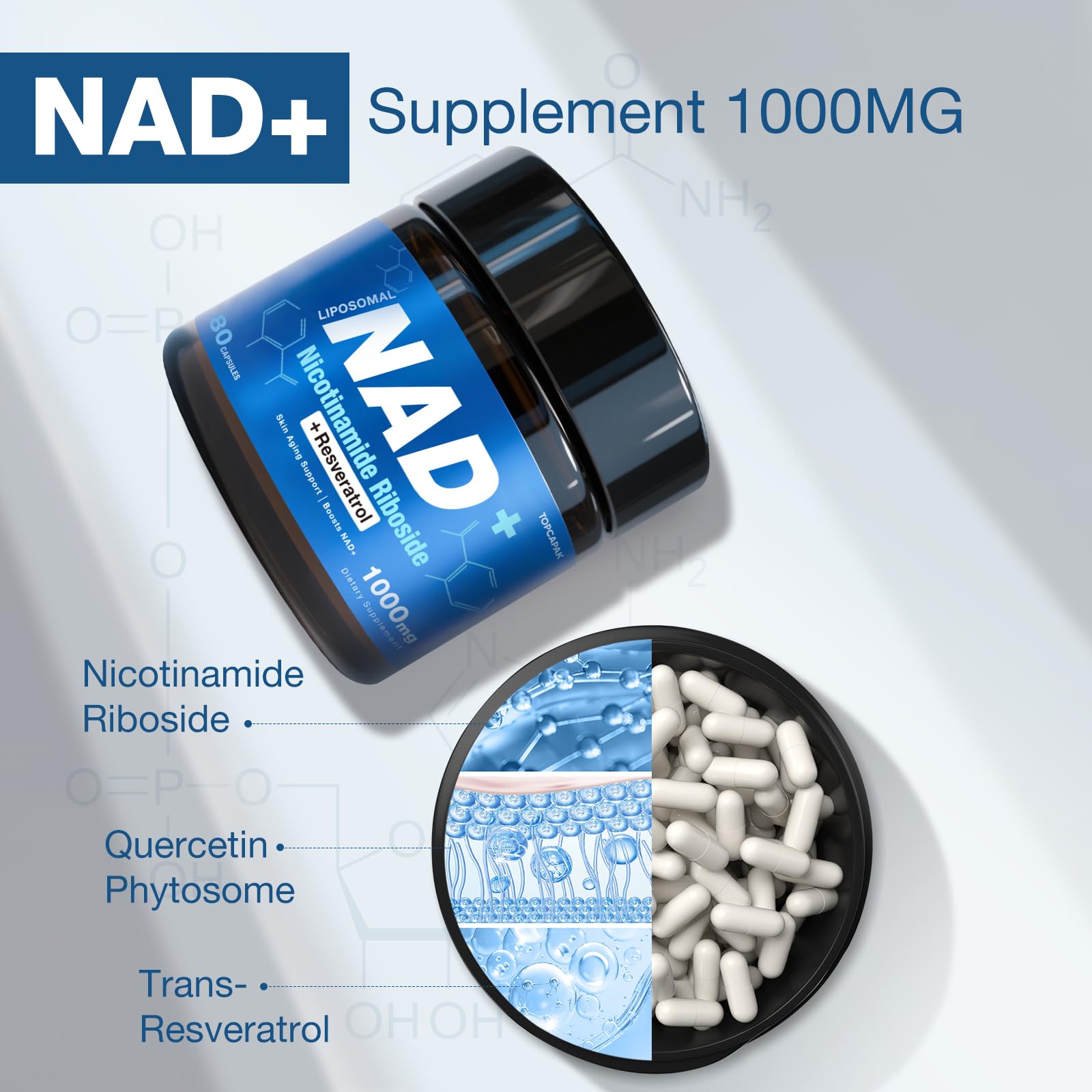 TOPCAPAK NAD Supplement 1000mg bottle on table