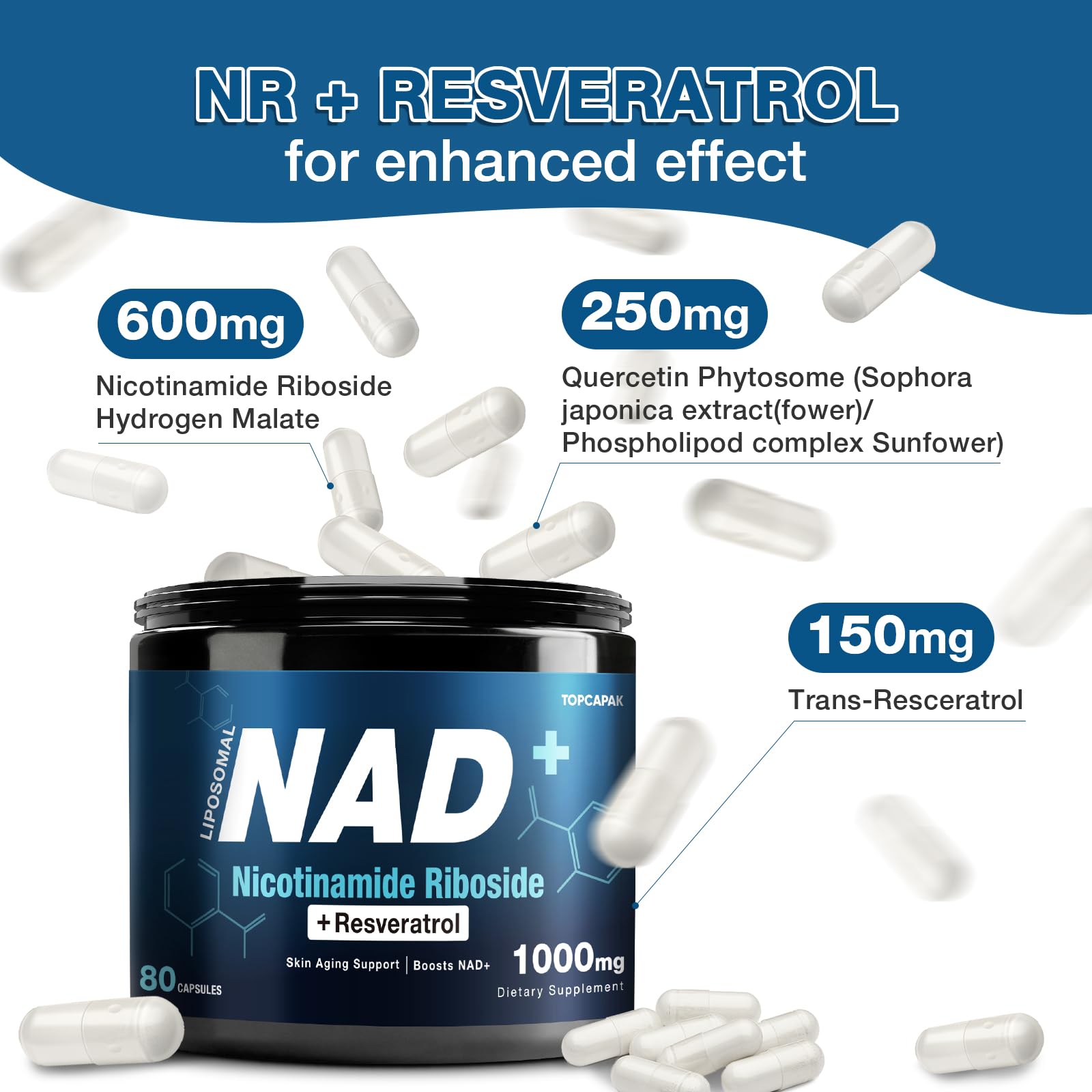 TOPCAPAK NAD Supplement 1000mg Resveratrol Capsules opened bottle