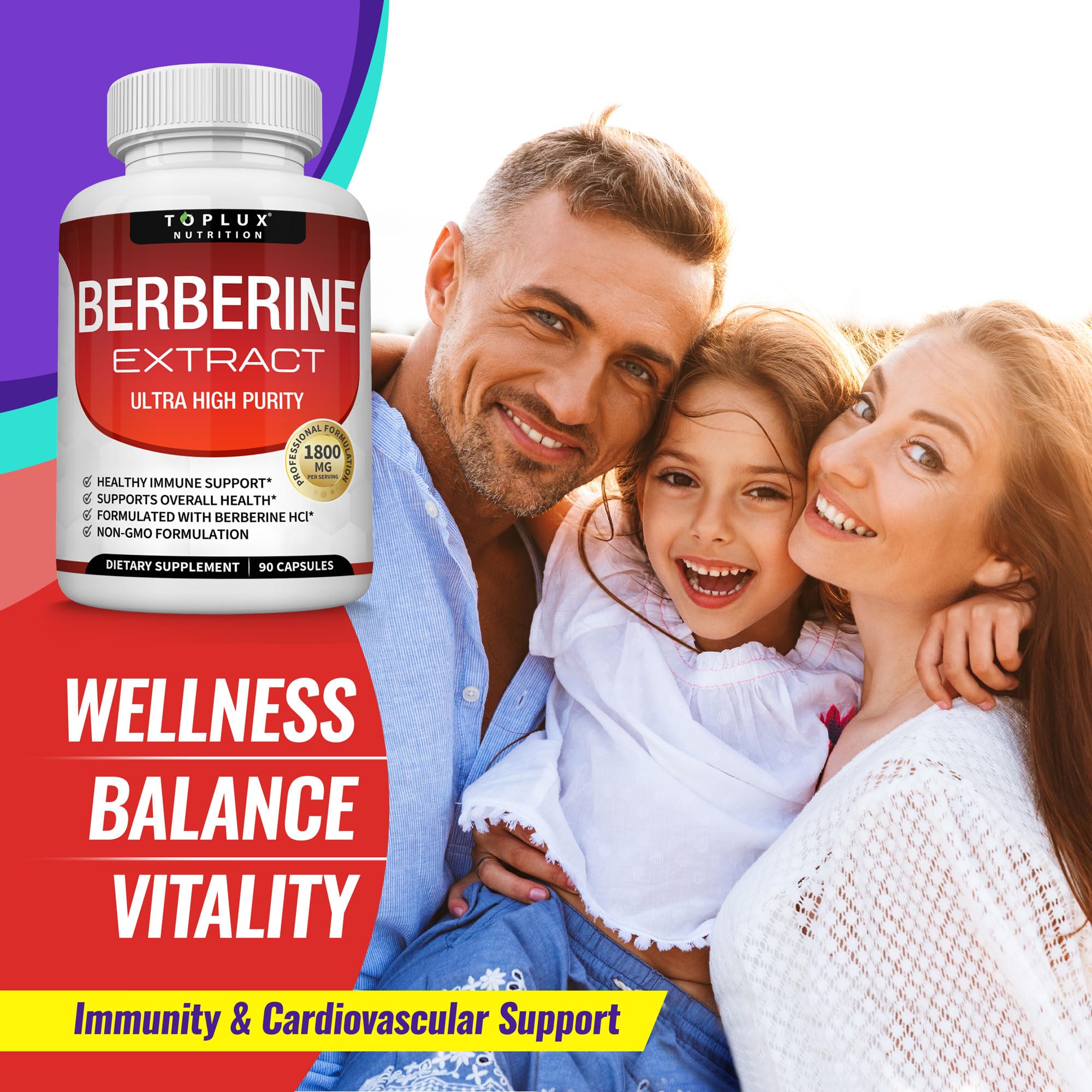 Toplux Berberine Supplement 1800mg HCl 97% purity bottle on wooden table