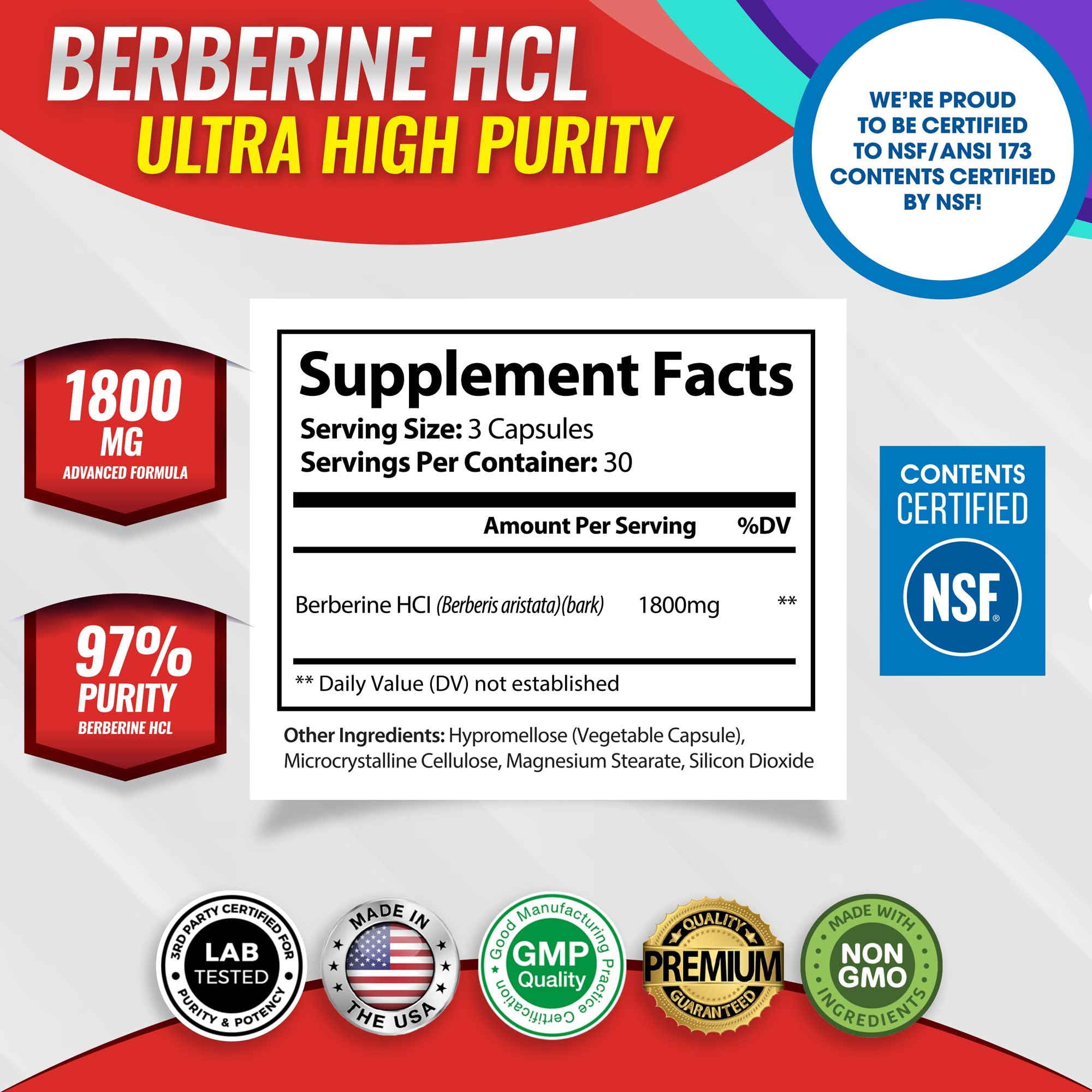 Toplux Berberine Supplement 1800mg HCl 97% purity bottle side view