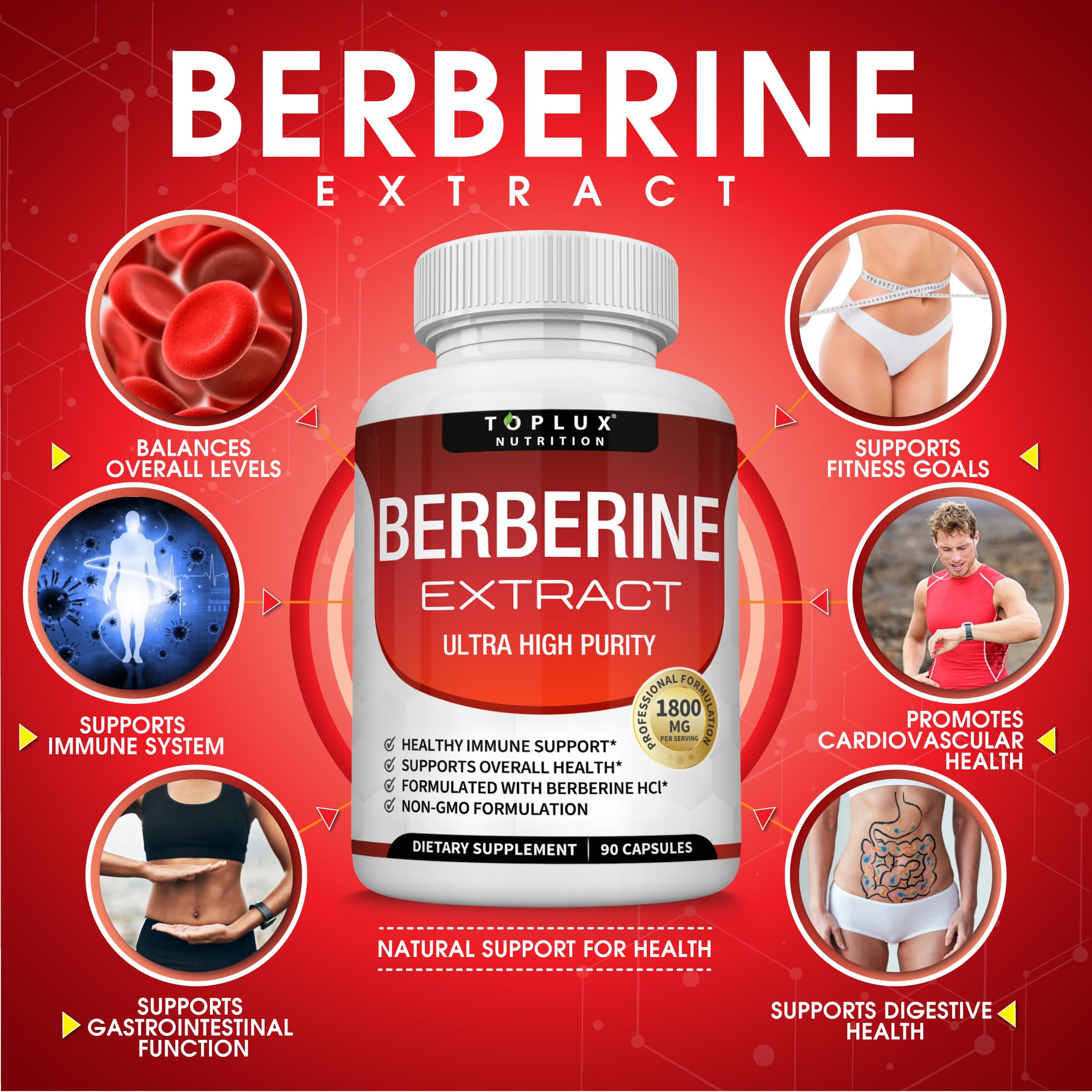 Toplux Berberine Supplement 1800mg HCl 97% purity capsules close-up