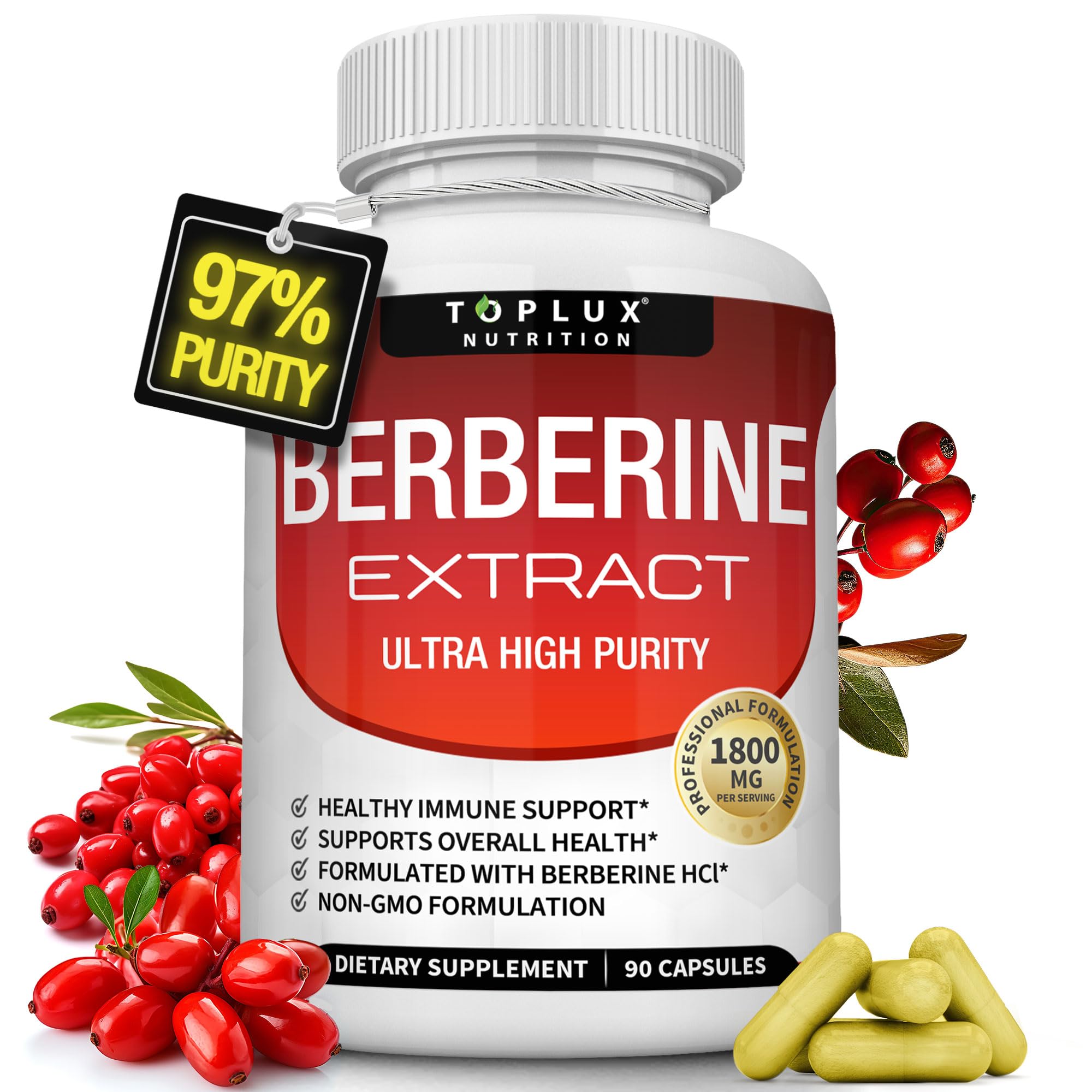 Toplux Berberine Supplement 1800mg HCl 97% purity front view