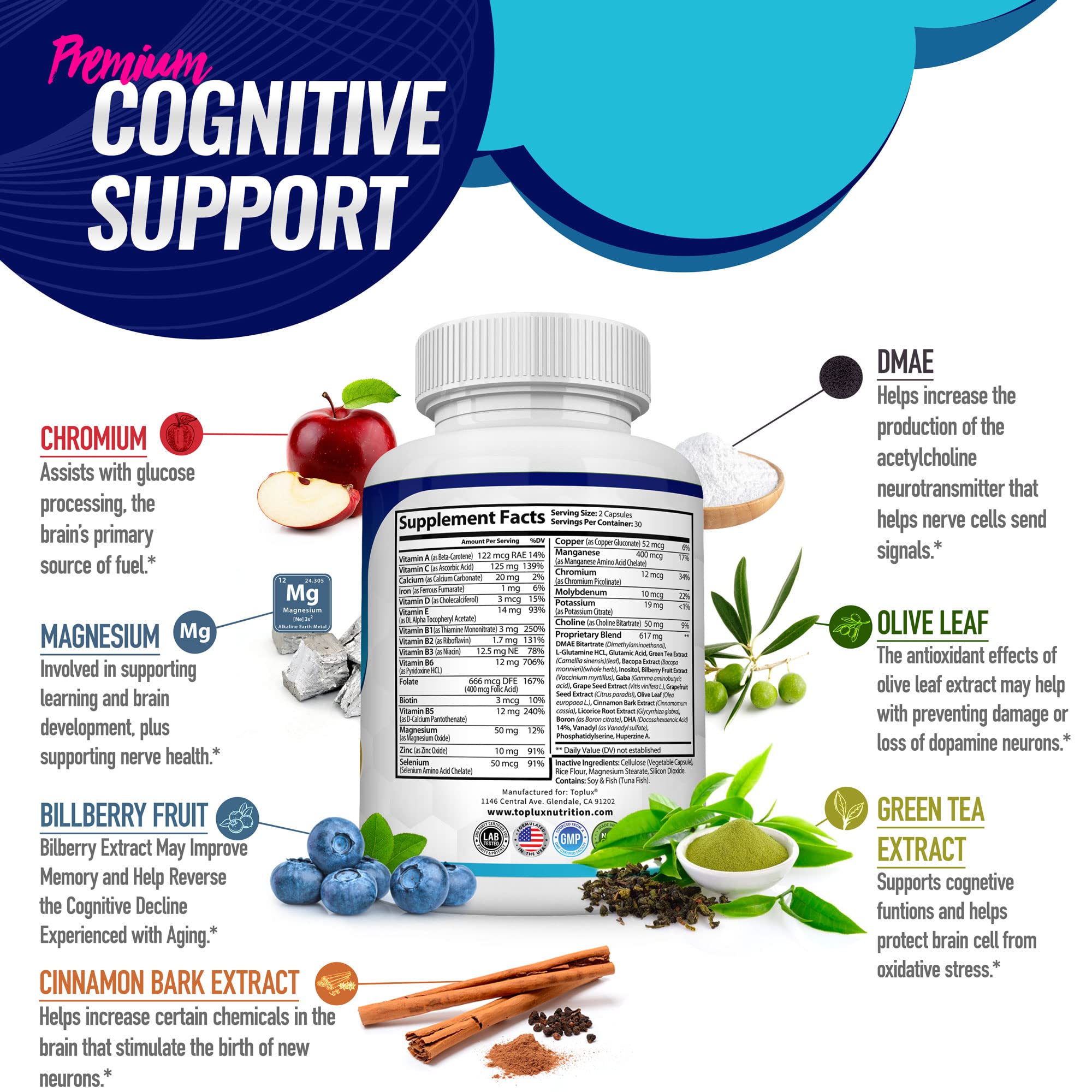 Toplux Brain support Nootropic Supplement 60 Capsules ingredients list